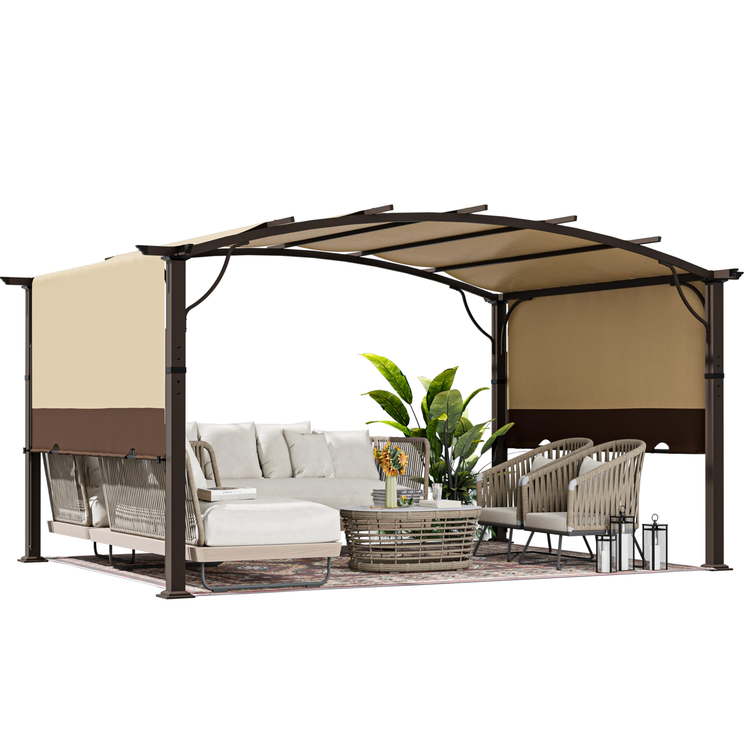HAPPATIO 10' x13' Outdoor Retractable Pergola, Aluminum Pergola with Canopy Fixed in Various Positions, Arched Patio Pergola with Sun Shade Canopy Metal pergola for Backyards, Gardens, Patios (Brown)