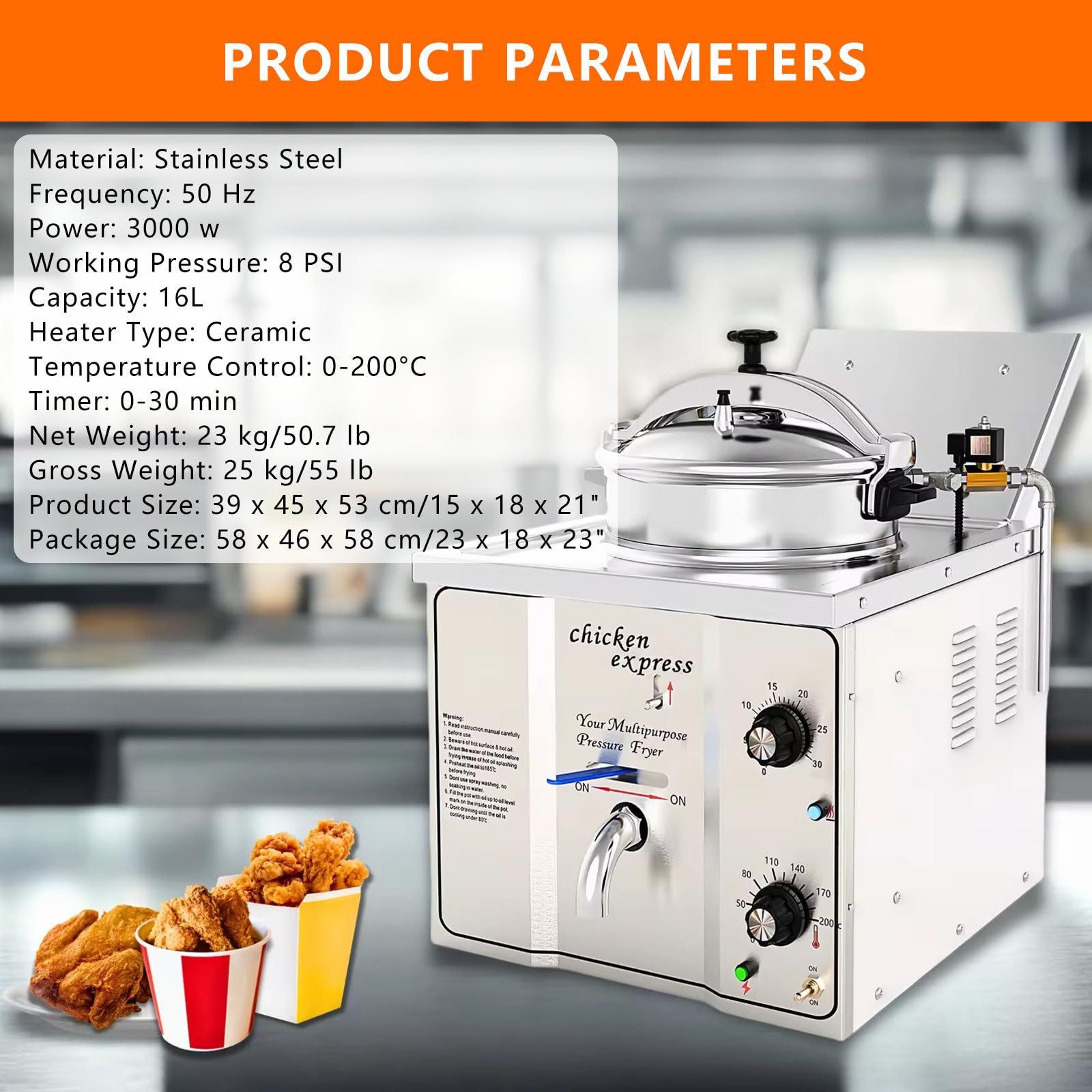 Freidora EléCtrica De 3000 W, Acero Inoxidable, Freidora De Pollo A PresióN De Alta Resistencia De 200 ℃, Temporizador De 0-30 Minutos