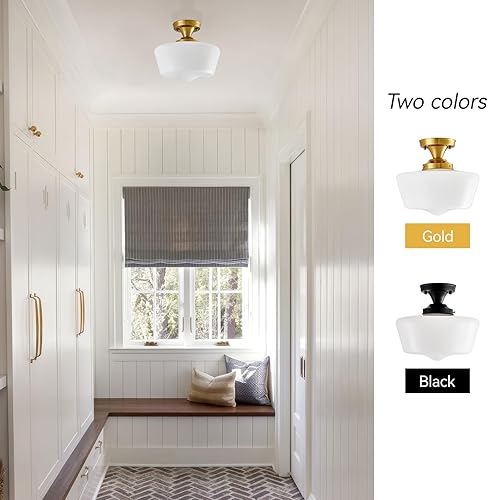 Miniatura 7 de Schoolhouse - Lámpara de techo moderna dorada, lámpara de techo semiempotrada, pantalla de vidrio de leche de ópalo de 12 pulgadas de ancho, luz