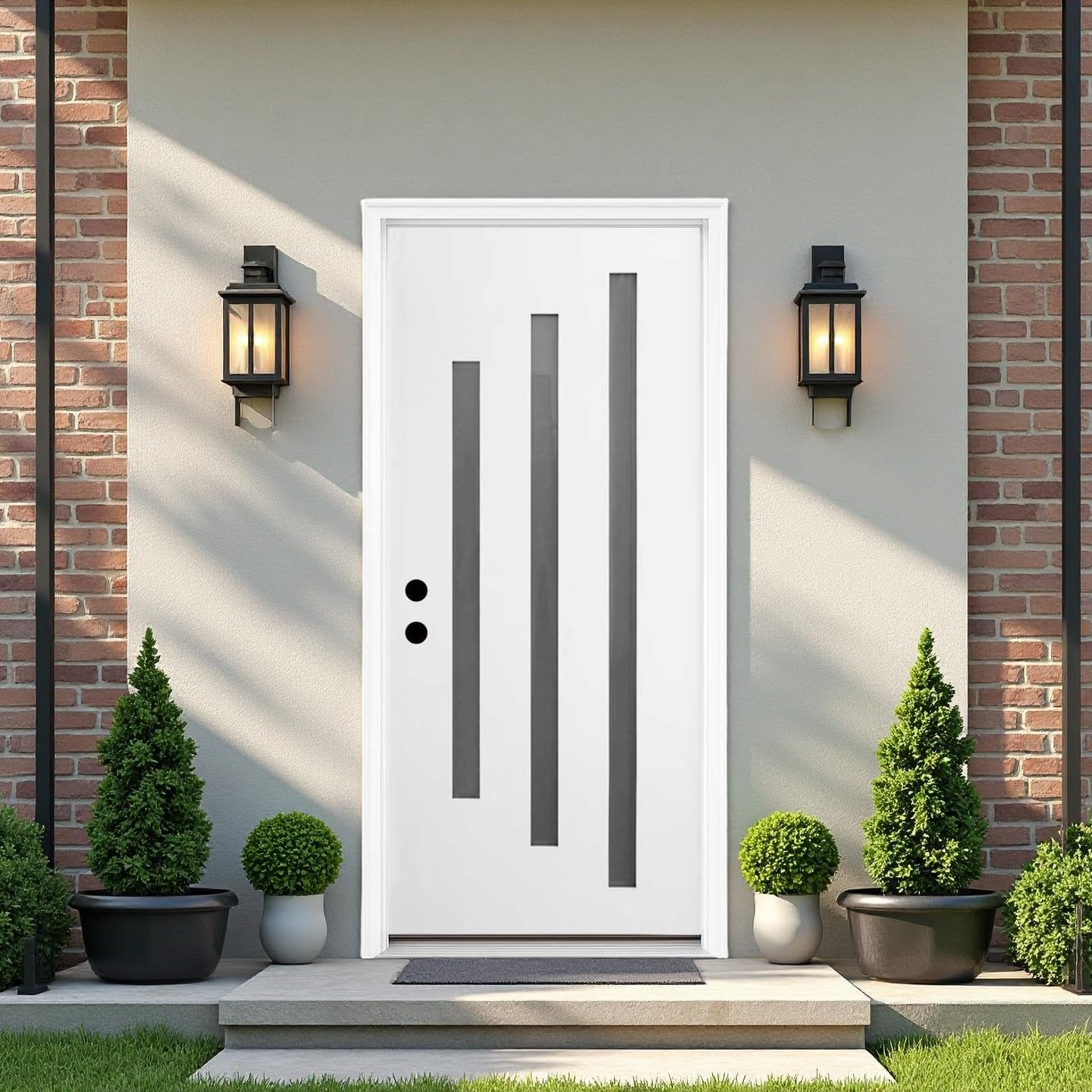 36 x 80 Fiberglass Entry Door, 3-Lite Frosted Glass - Modern House Front Entrance, 6-9/16 in. Finished Jamb, Withe Knock-Down Brush-Finished Exterior Door with White Vinyl Frame, Right Hand Inswing