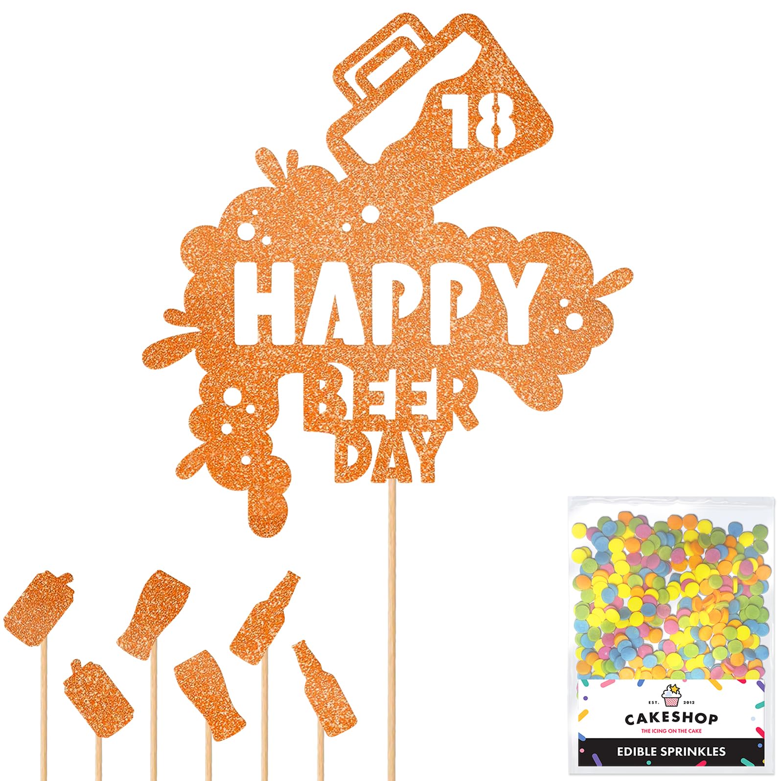 Personalised Happy Beer Day Glitter Cake Topper - Copper Orange Custom Age Glitter Cake Decoration and Sprinkles - Happy Birthday Decorations - Personalised Toppers for Cakes by Cakeshop