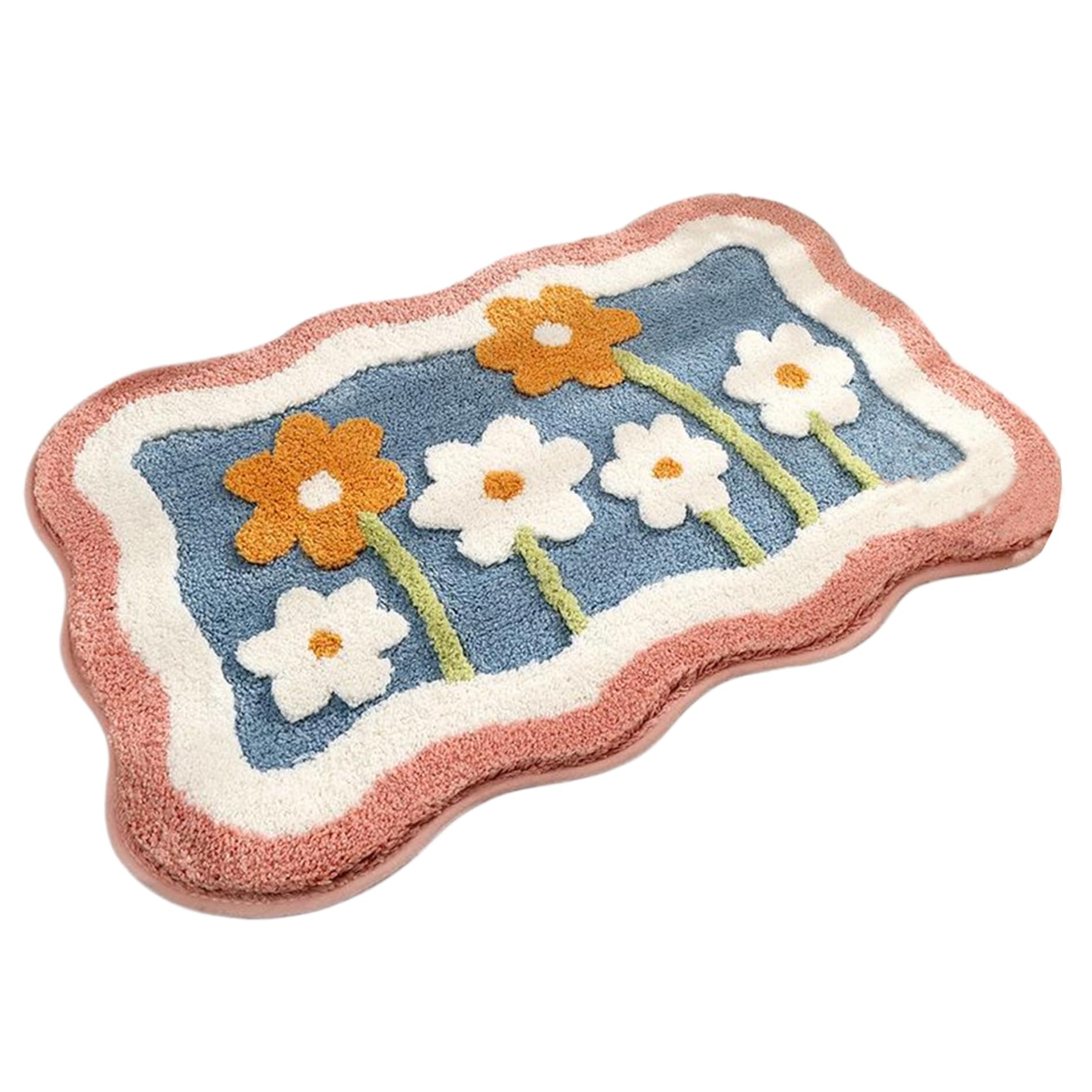 CAKEEYUM Bath Mat 16x24 Flower Pattern Bath Rug Strong Absorbent Imitation Cashmere Bathroom Mat Non-slip Shaggy Shower Rug Decorative Wavy Bathtub Bathroom Accessories Cute, Kids