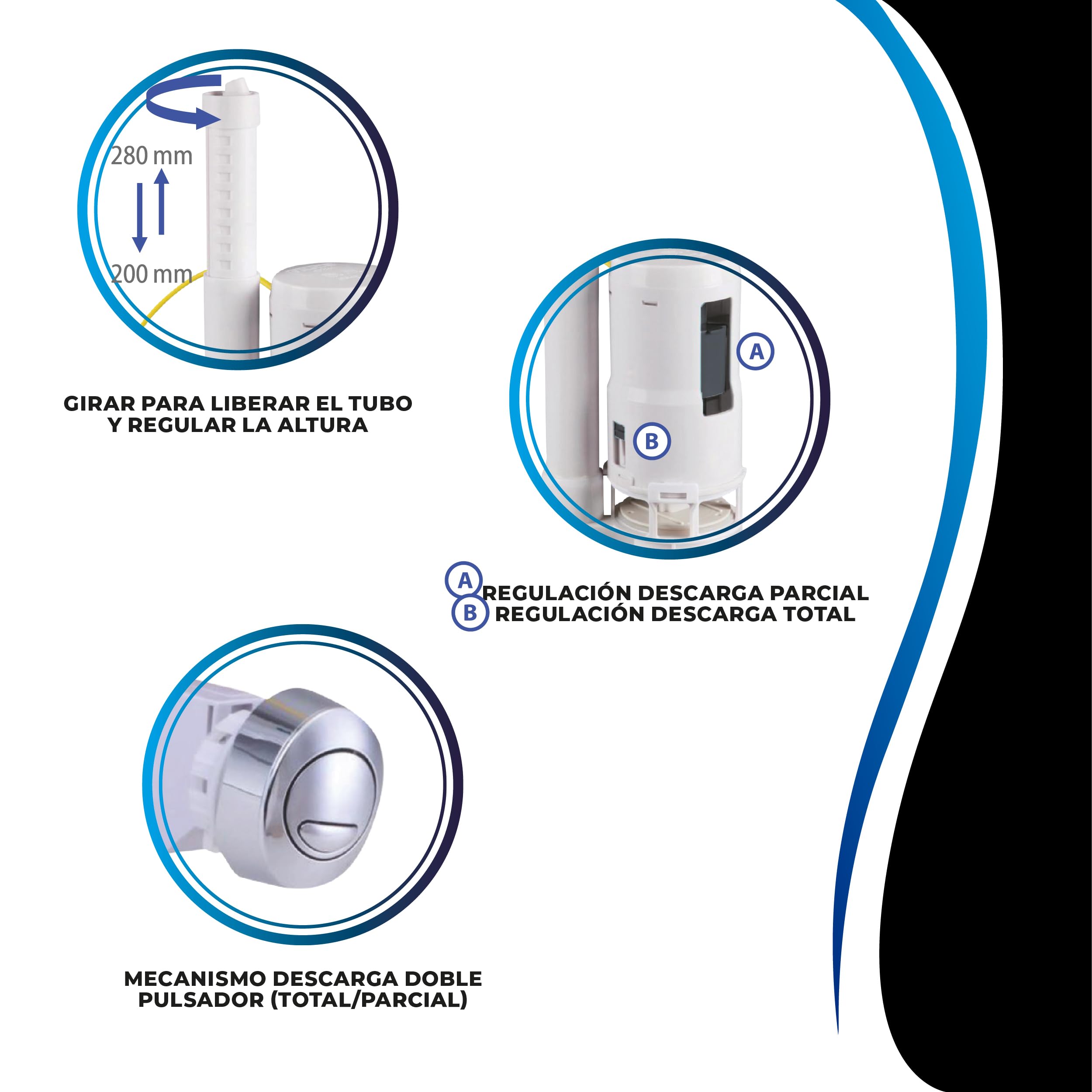 Mecanismo Cisterna WC Doble Pulsador con Cable D-220 – Válvula Descarga Universal Eco, Regulación Parcial y Total, Altura Ajustable, Compatible Pulsador Superior o Lateral