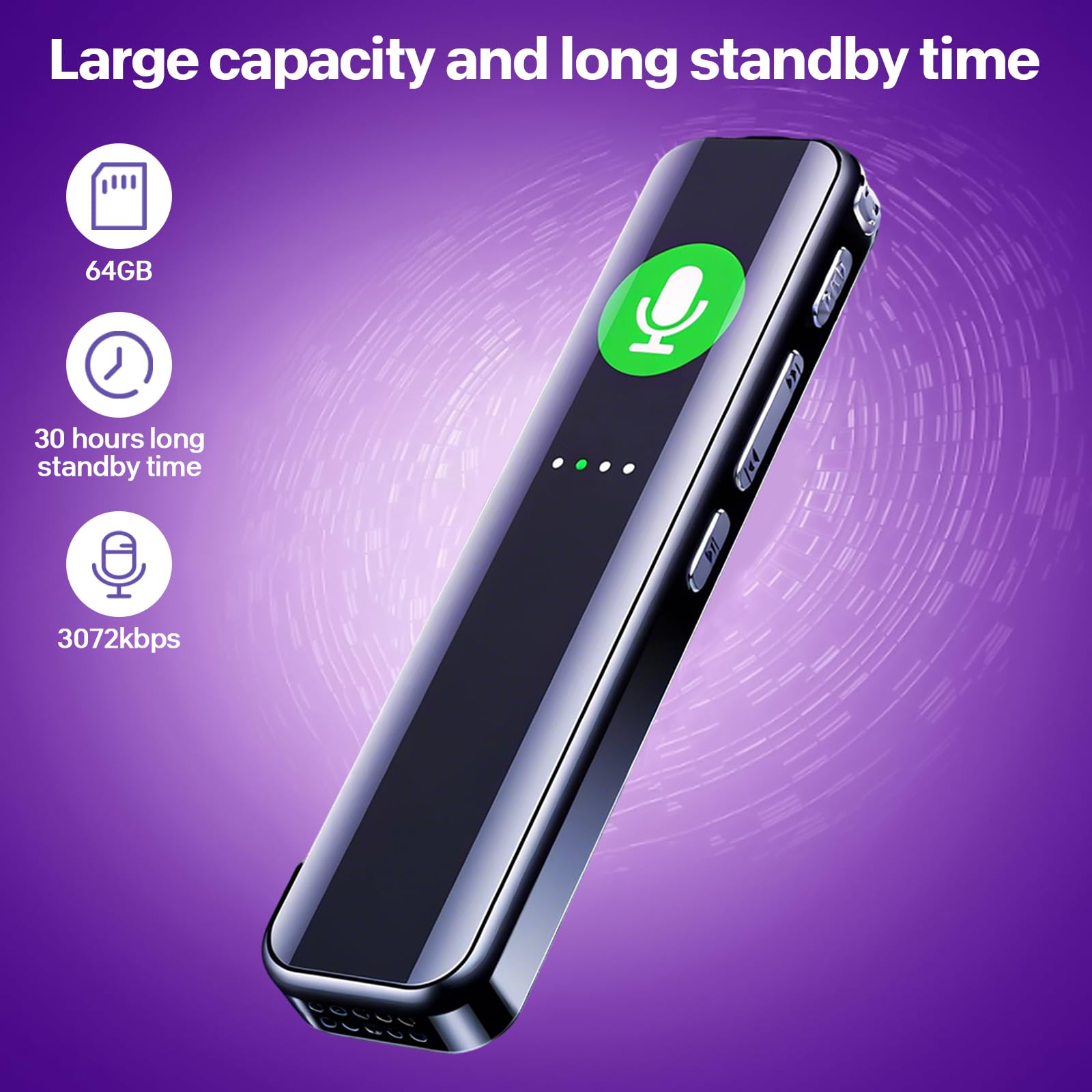 64GB Voice Activated Digital Recorder, 3072Kbps HD Dictaphone with Dual-MIC Noise Reduction, IPS Screen, 100m Range - Image 3