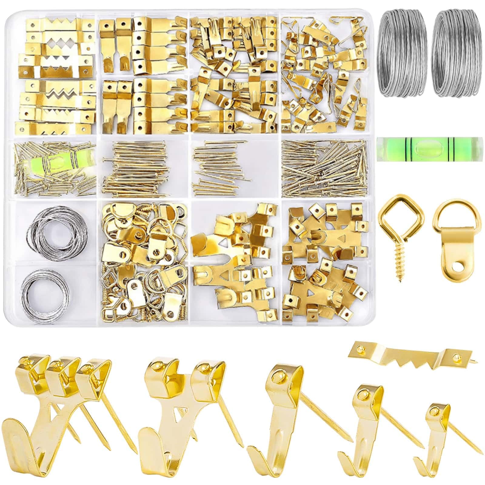 303Pcs Picture Hanging Kit, Picture Hangers Assorted Kit with Heavy Duty Picture Hanging Hooks/Hardware Nails/Sawtooth/Wire/D Rings/Level, Metal Picture Wall Hooks for Frame Canvas Mounting-image-24