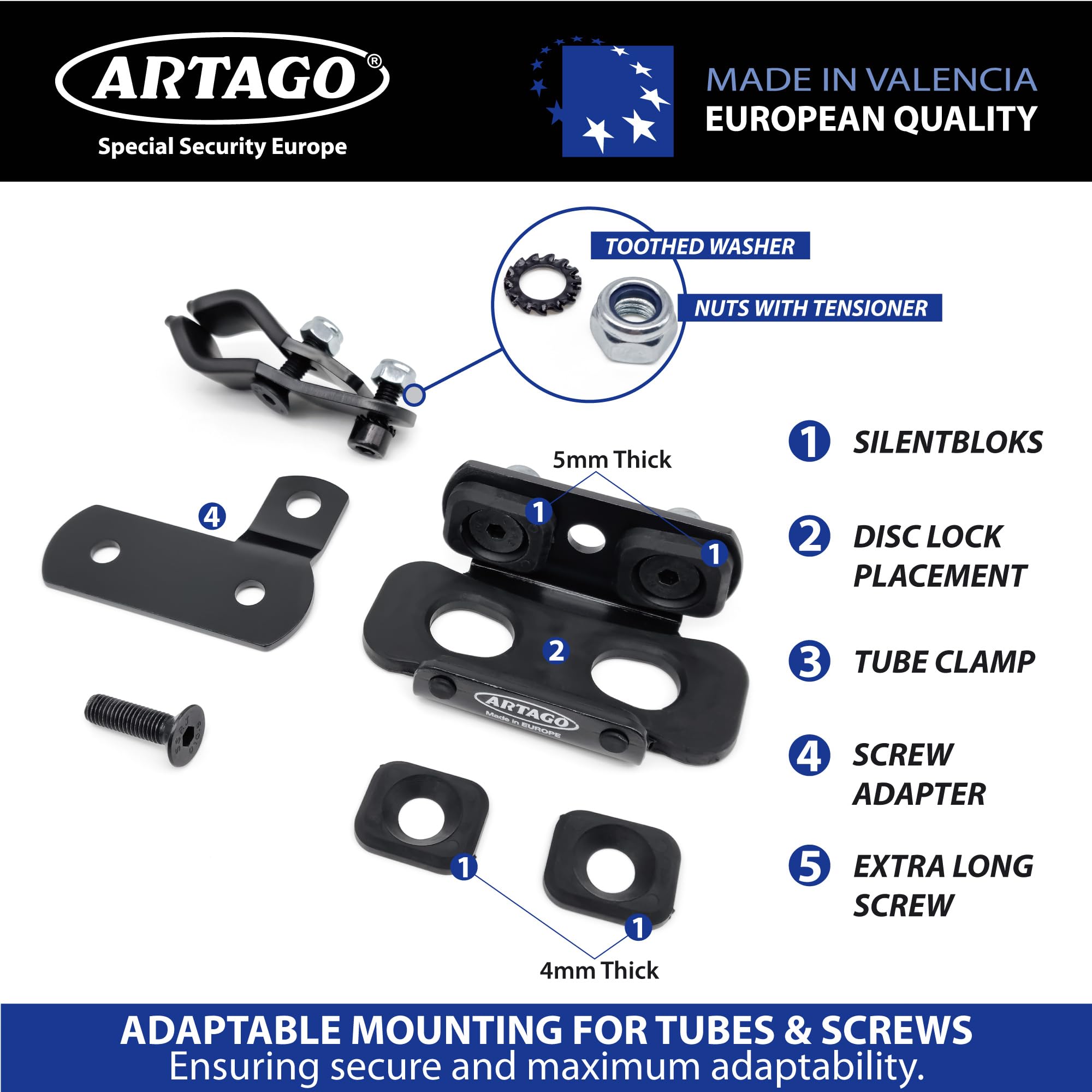 ARTAGO K202 Support de Transport pour Antivol de Disque ARTAGO 32 | Tubes de 18 à 25 mm ou Vis de Moto | Acier Noir avec Silentblocs Antivibrations | Accessoire Moto