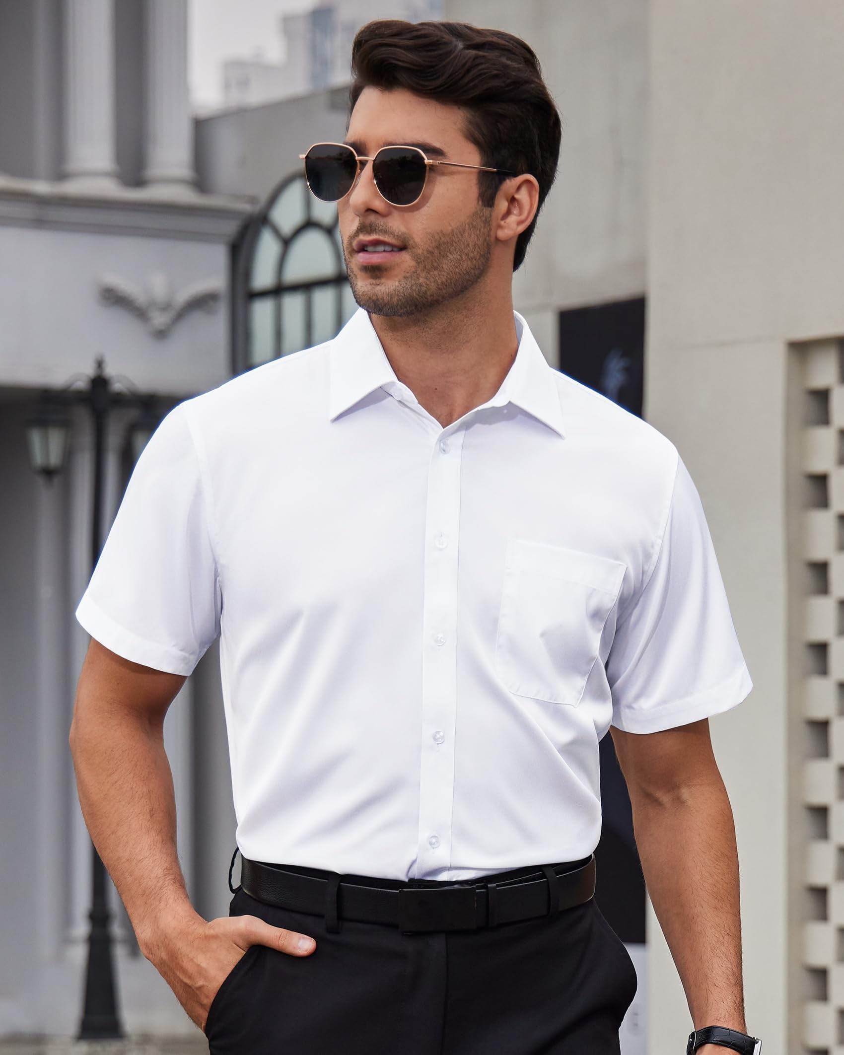 Alimens & Gentle Hemd Herren Kurzarm Bügelfrei Sommer Business Freizeithemden Regular Fit Strand Outdoor Männer Herrenhemd mit Tasche