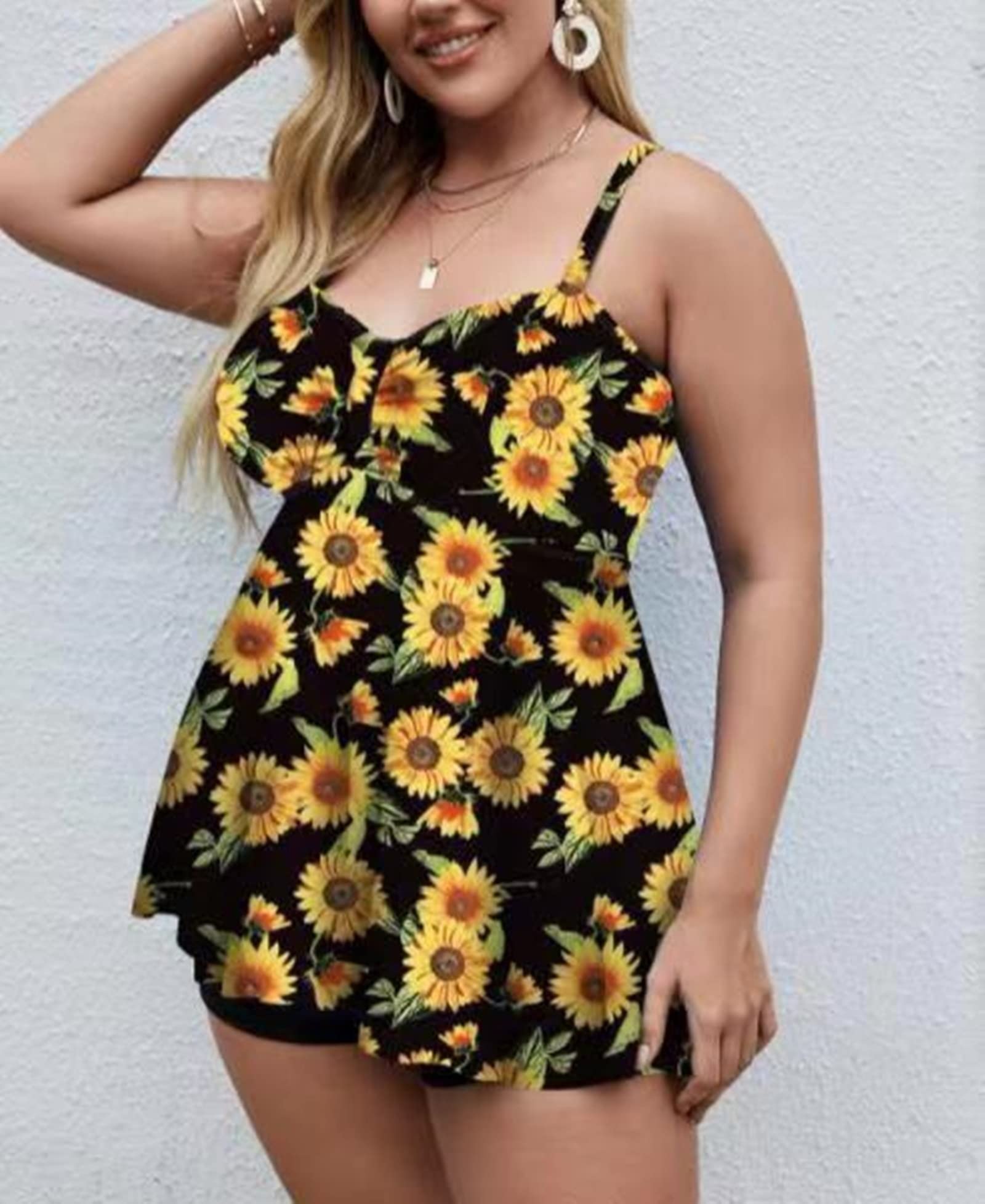 2 Piece Swimsuit Women Plus Size, Yellow Black Womens Bathing Suits Tankini with Sunflowers Polyester Bathing Suit for Adults Size 4XL