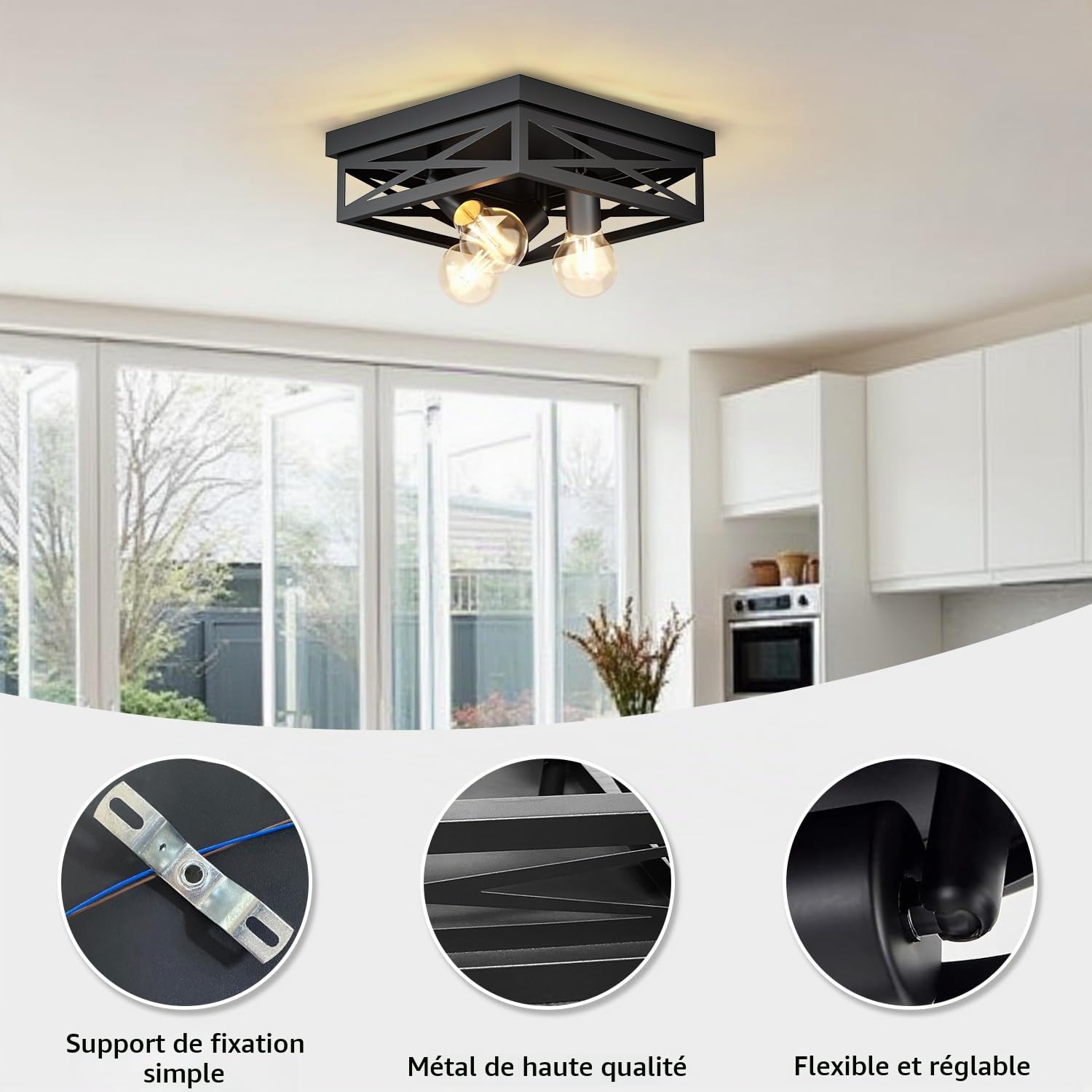 LVWIT Luminaires Intérieur Plafonnier Noir, Plafonnier LED Cuisine, 30CM Éclairage de Plafond 3 Luminaires Carré, E27 Lampes de plafond Pour Chambre, Couloir, Restaurant (Ampoule non incluse)