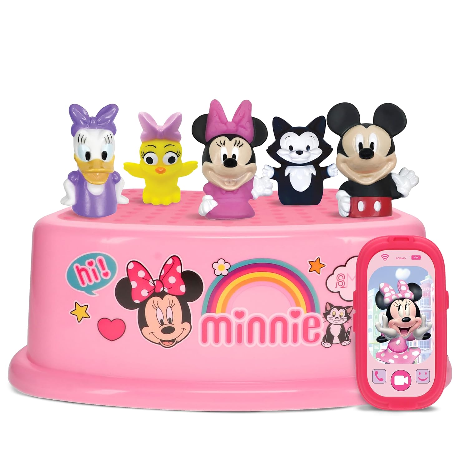 Minnie Bath Time Fun Set - Bath Finger Puppets, Light Up Squirter, Step Stool