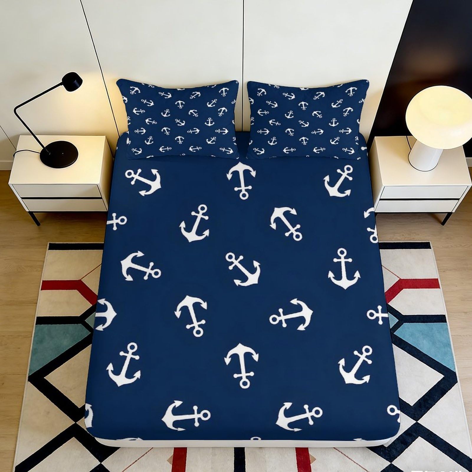 3D Printed Nautical Anchor Fitted Sheet Microfiber Navy Blue Soft Bed Sheet for Bedroom Dorm Mattress Cover Decor 160x200x25cm