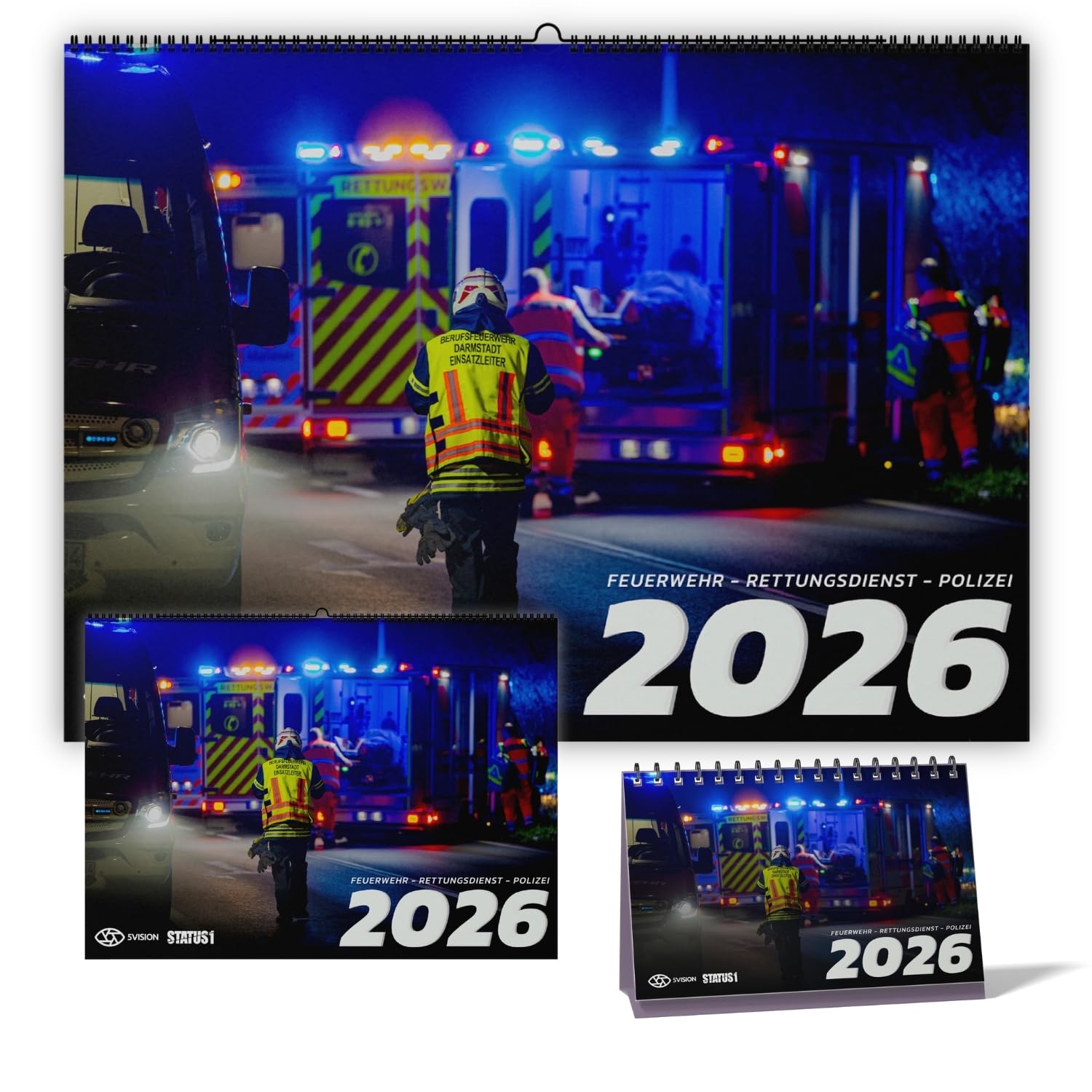 Feuerwehrkalender 2026 (Mega Bundle Wandkalender XXL A2 + A4 & Tischkalender A5) - Echte Einsätze von Feuerwehr, Rettungsdienst & Polizei - der Blaulichtkalender von 5 VISION & STATUS 1