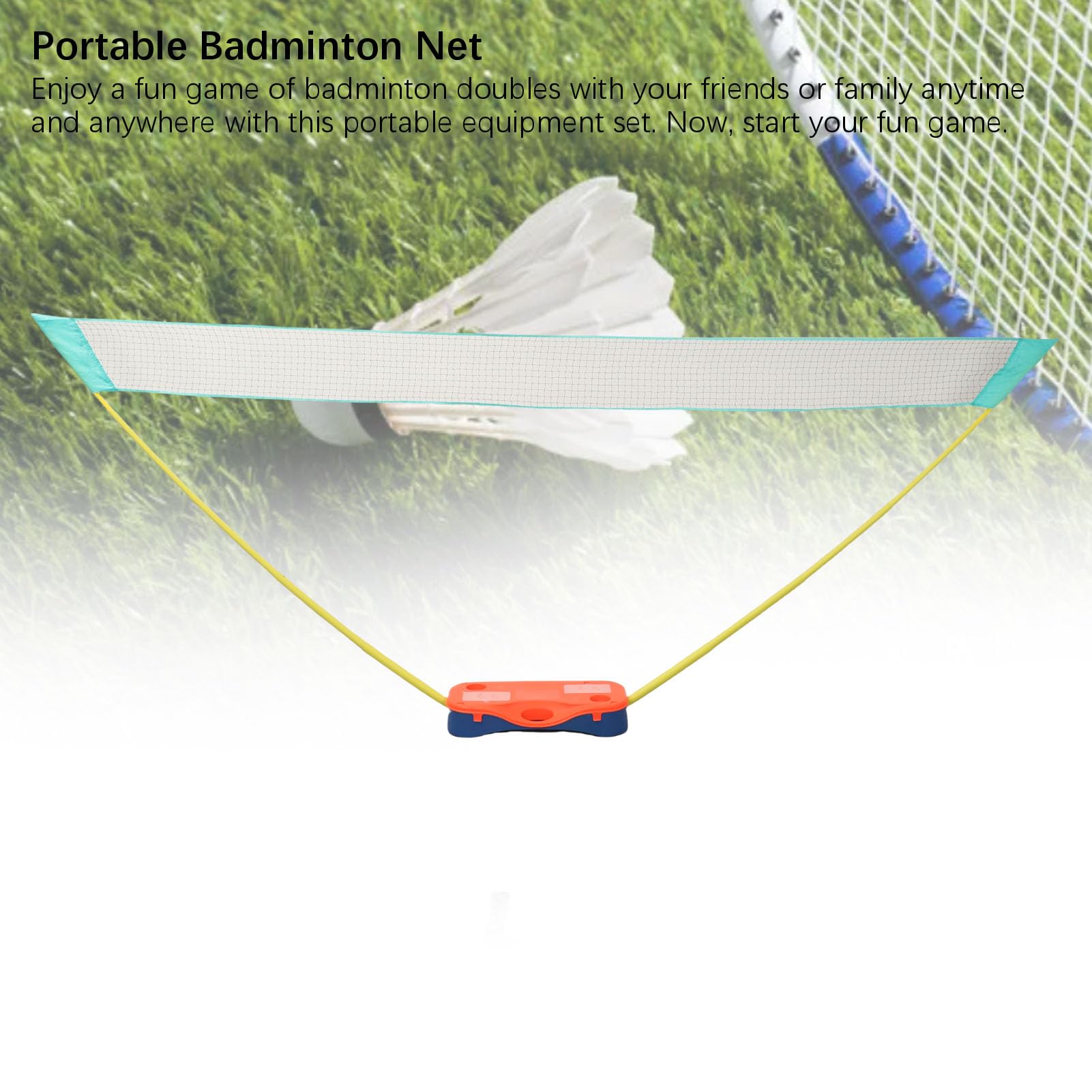 Set da badminton portatile con rete da 4 metri e base di supporto, facile da montare per giochi in famiglia, in giardino e al chiuso, blu e arancione.