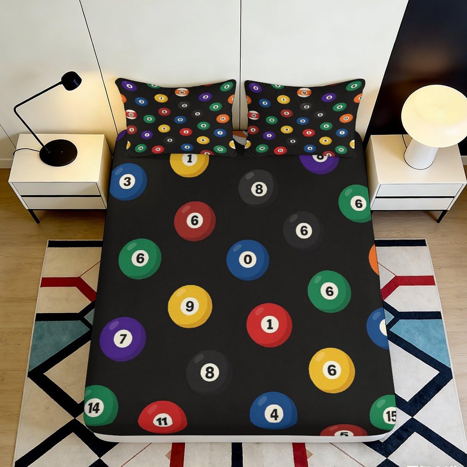 3D Printed Billiard Ball Pattern Fitted Sheet Microfiber Soft Colorful Pool Table Bed Cover for Bedroom Dorm Decor 90x200x25cm
