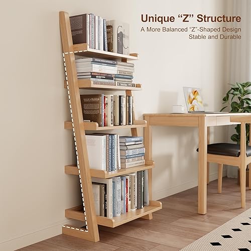 Miniatura 3 de AQIMUELE Estante de escalera de madera con bordes, escalera inclinada moderna de 5 niveles, estantería elegante que ahorra espacio para sala de