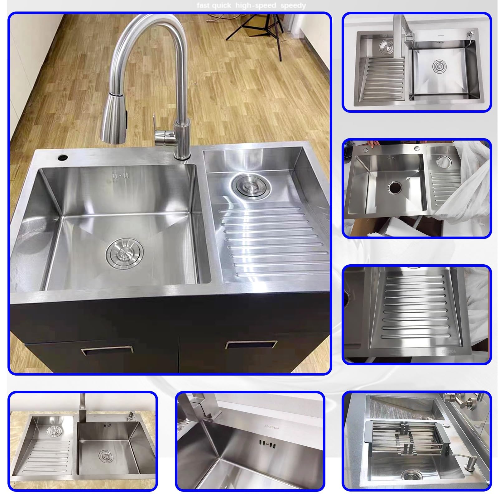 Fregadero para Lavandería, Tina De Lavado con Panel De 4 Mm De Grosor, Lavabo De Acero Inoxidable, Lavabo para Estación De Trabajo Grande con Válvula De Ángulo, Kit De Drenaje (Color : Right, S : 80