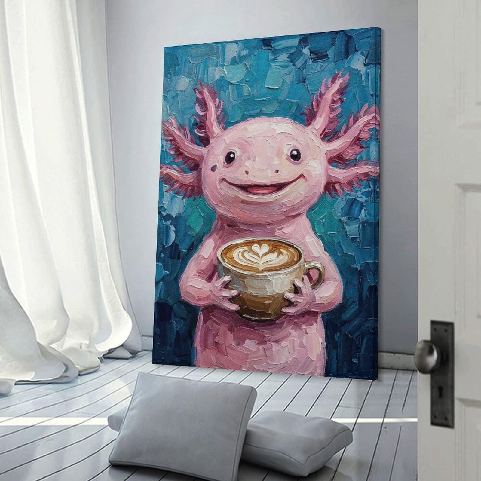 Junmoney Axolotl with Coffee Painting Room Decor Wall Art 24x36inch(60x90cm), for Bedroom Decor, Cosy Corners Or Studios, A Warm Accent for Relaxed Interiors