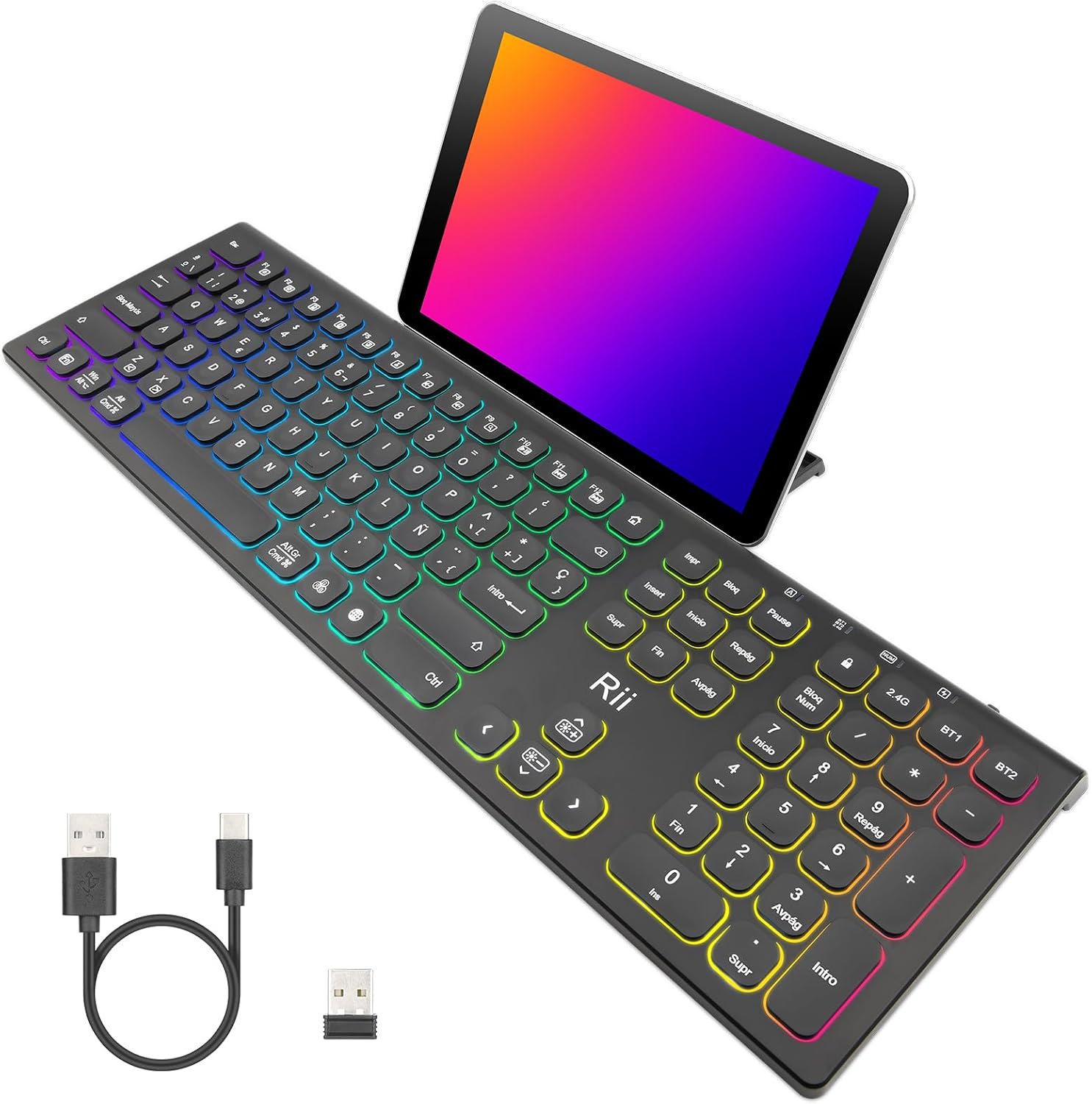 Rii RK801 keyboard with a tablet in its integrated stand