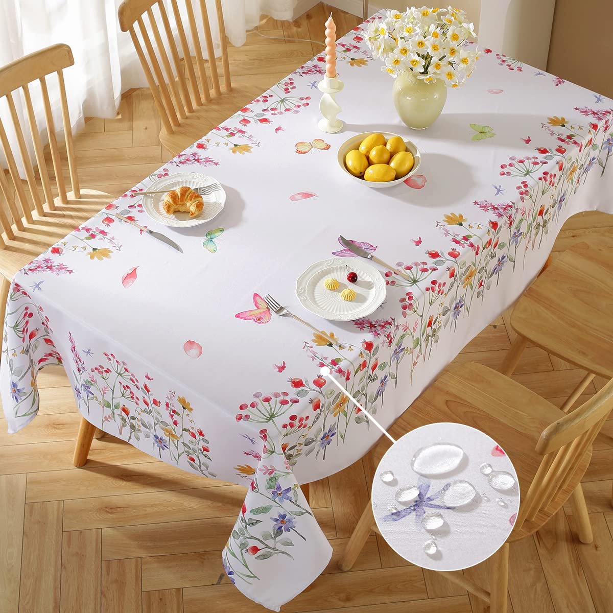 SASTYBALE Spring Floral Tablecloth Rectangle Tables,Stain Resistant Table Cover Printed w/Colorful Pastel Blooms,Fabric Cloth Easter/Spring/Picnic (Rectangle,60'' x 120''),Flowers w/Red Fruits - Image 2