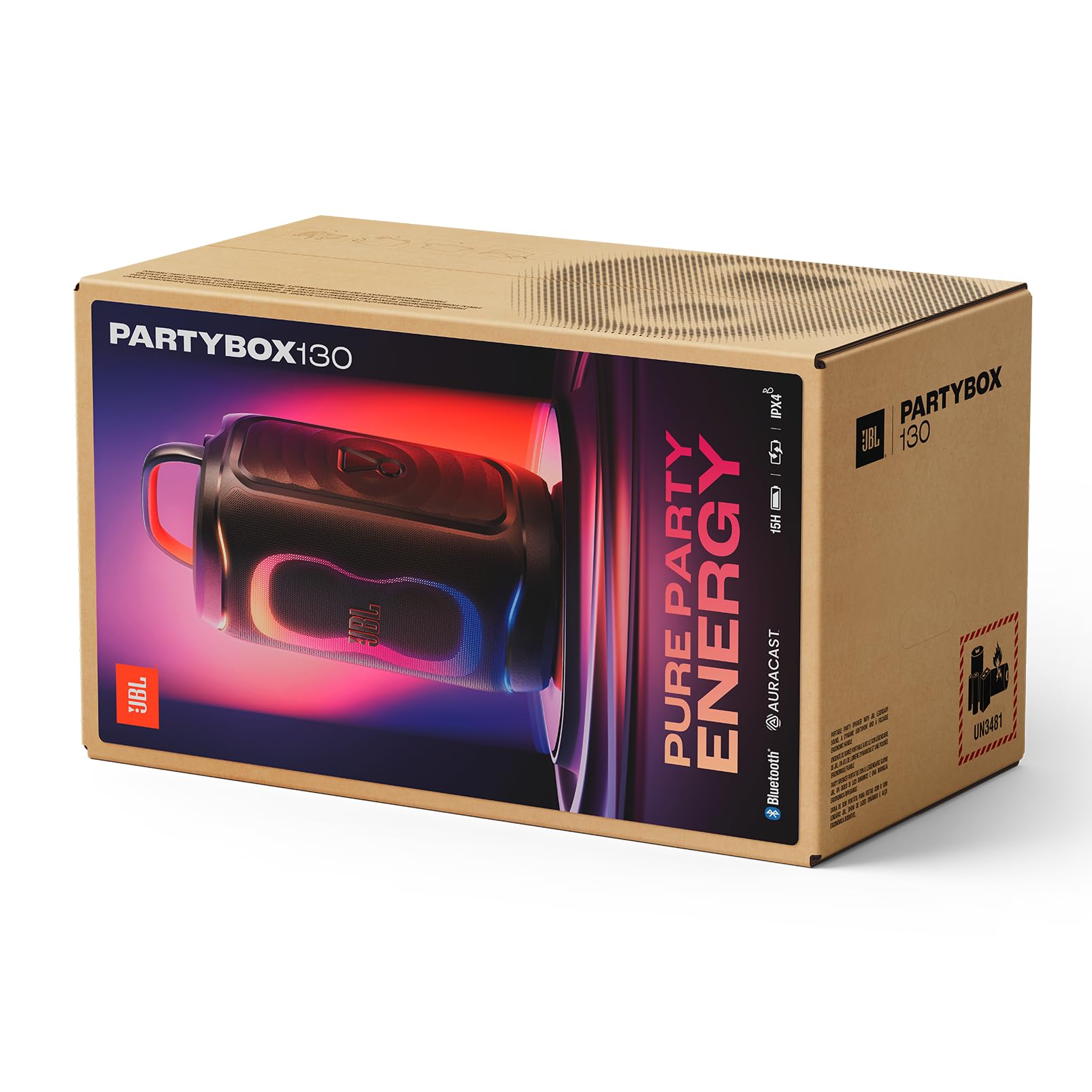 JBL PartyBox 130, Przenośny Głośnik Imprezowy, Biały | Potężnym JBL Sound, Głośnik Bluetooth z Dynamicznym Pokazem świateł, Głęboki Bas, IPX4 Odporny na Zachlapania, do 15 Godzin