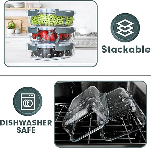 Miniatura 4 de VERONES Paquete de 10 recipientes de vidrio para preparación de comidas, juego de 2 compartimentos, recipientes herméticos de vidrio para almuerzo