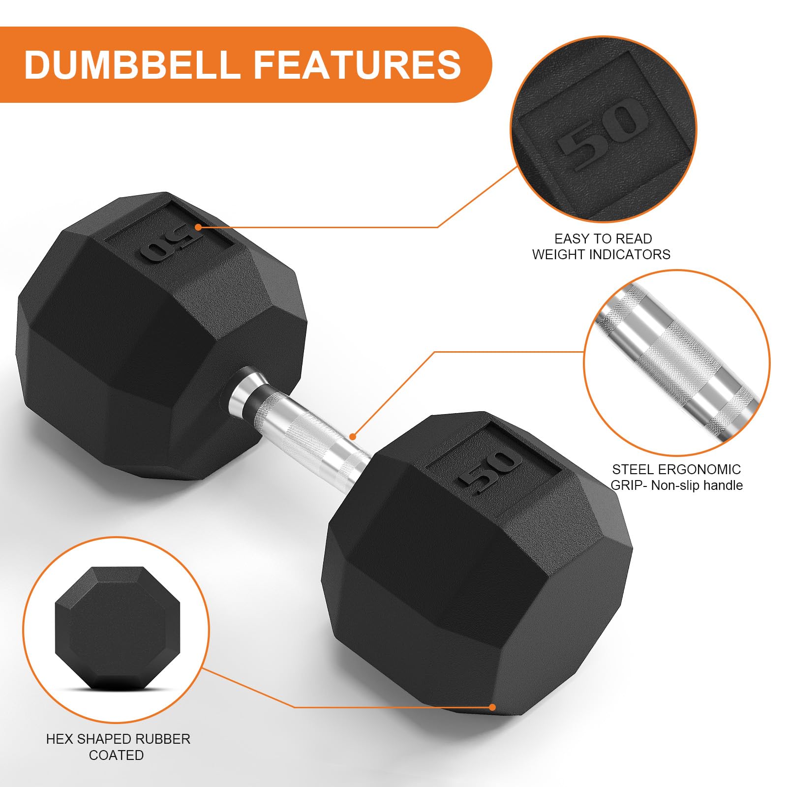 GarveeLife 50 Lbs Rubber Encased HEX Dumbbell Set of 2, Exercises & Fitness Free Weights Dumbbells Set for Women & Men, Hand Weight for Strength Training, Black