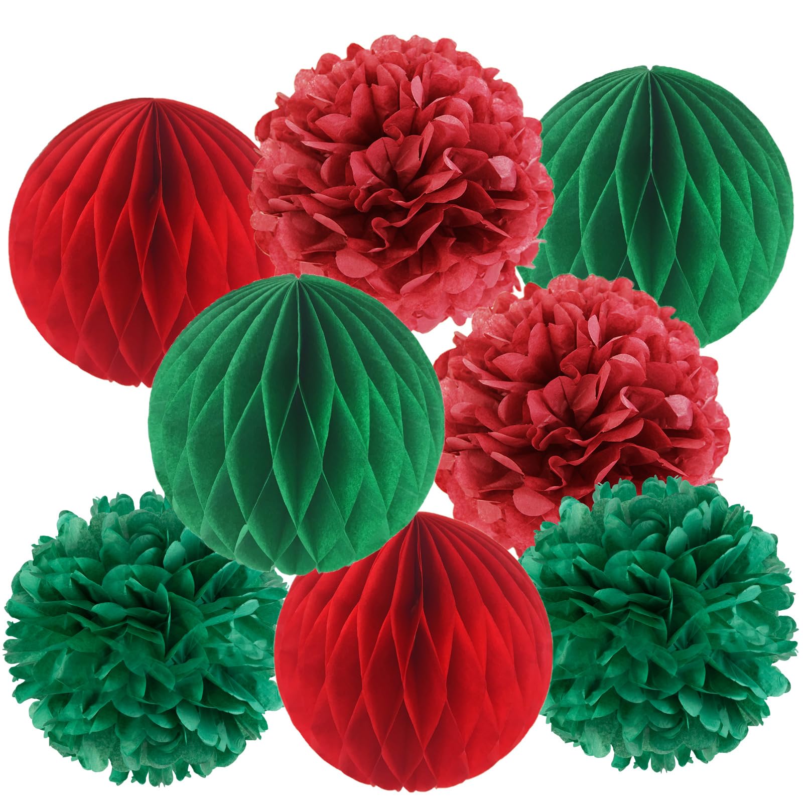Paper Jazz 8 Pieces Christmas Honeycomb Balls Decorations Hanging Ornaments Decor — Green & Red Honeycomb Tissue Paper Pom Poms for Christmas Party Decoration New Year Winter Party Decor