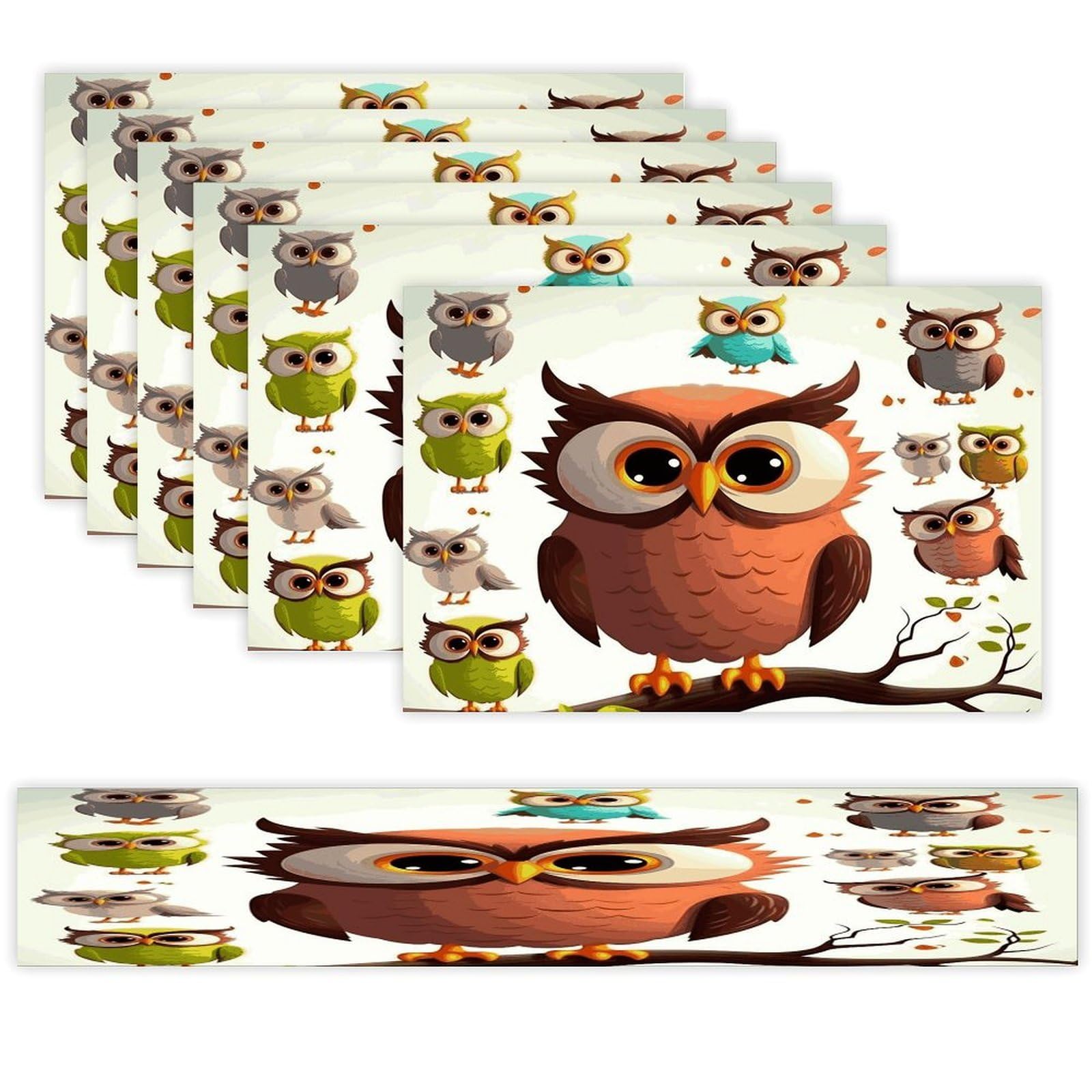 Cartoon Owl Table Runner and Placemats Set of 6 Heat Resistant Table Runner Place Mats Modern Cloth Table Mat Washable Linen Placemat Festive Reusable Set
