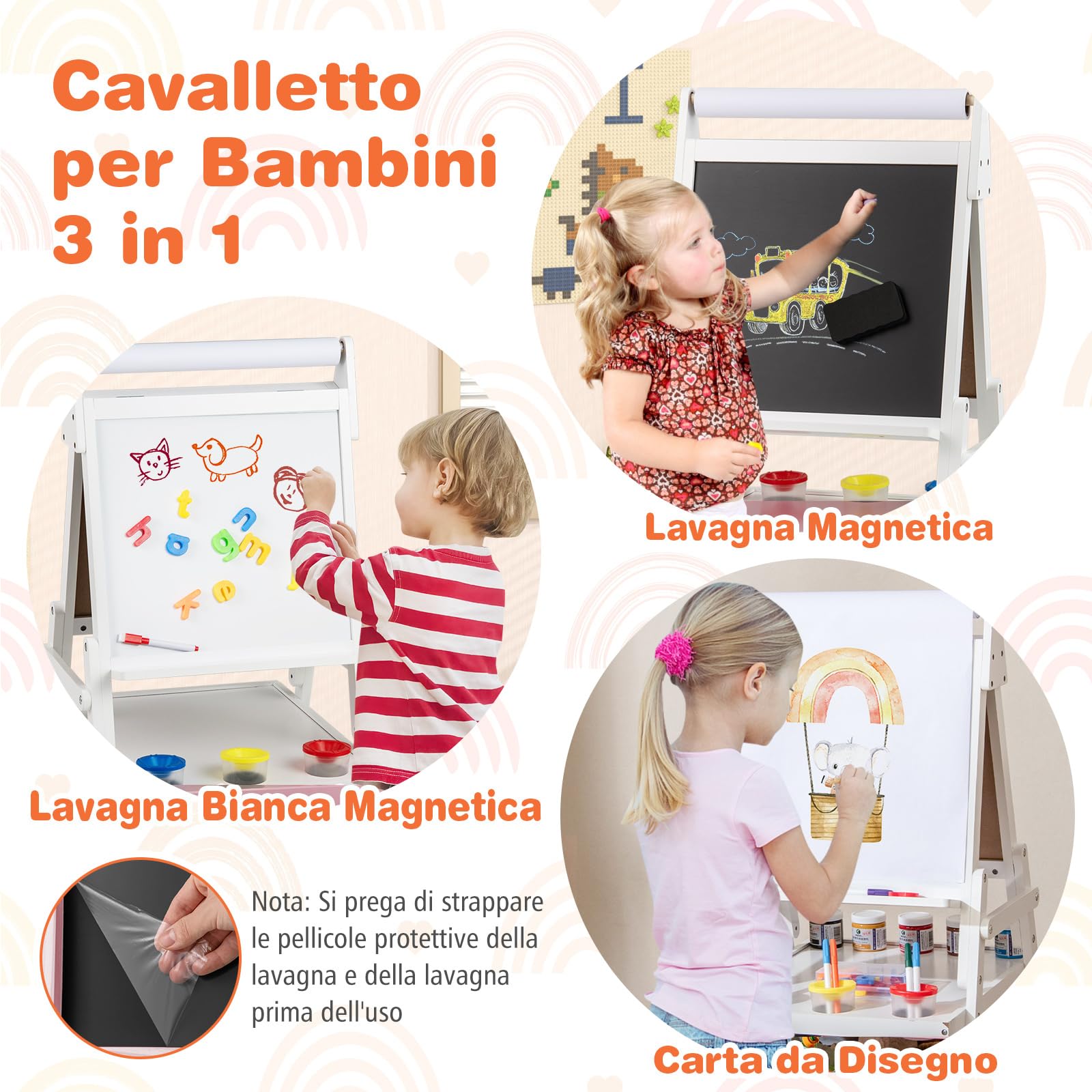 RELAX4LIFE Cavalletto per Bambini, Cavalletto a Doppia Faccia con Rullo di Carta, Vassoi di Stoccaggio, 4 Tazze per Pittura e 2 Cassetti, Cavalletto Disegno in Legno per Bambini 3-10 Anni