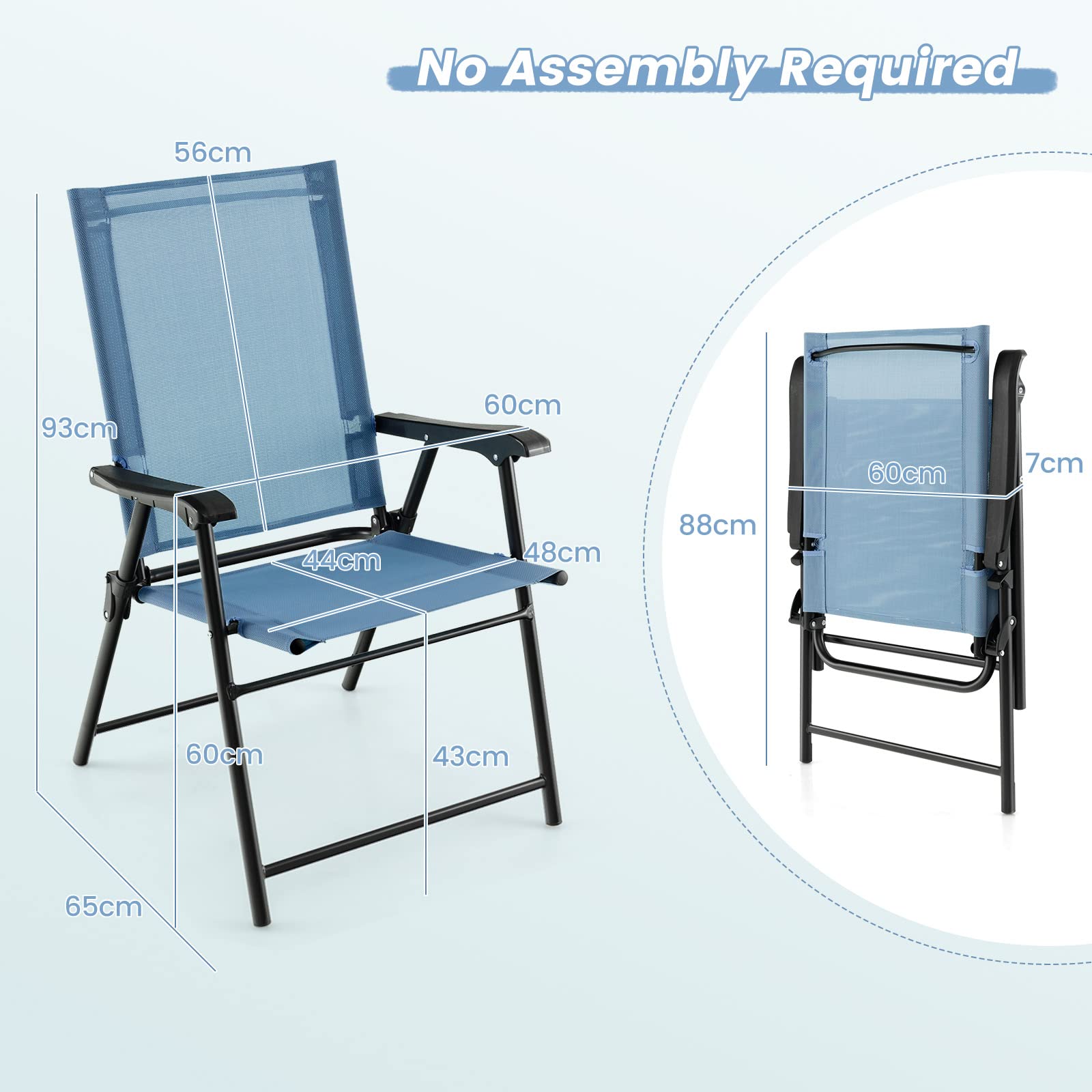 GIANTEX Set di 2 sedie da giardino pieghevoli, pieghevoli, con schienale alto e bracciolo, resistenti alle intemperie, in metallo e tessuto, portata fino a 150 kg (azzurro)