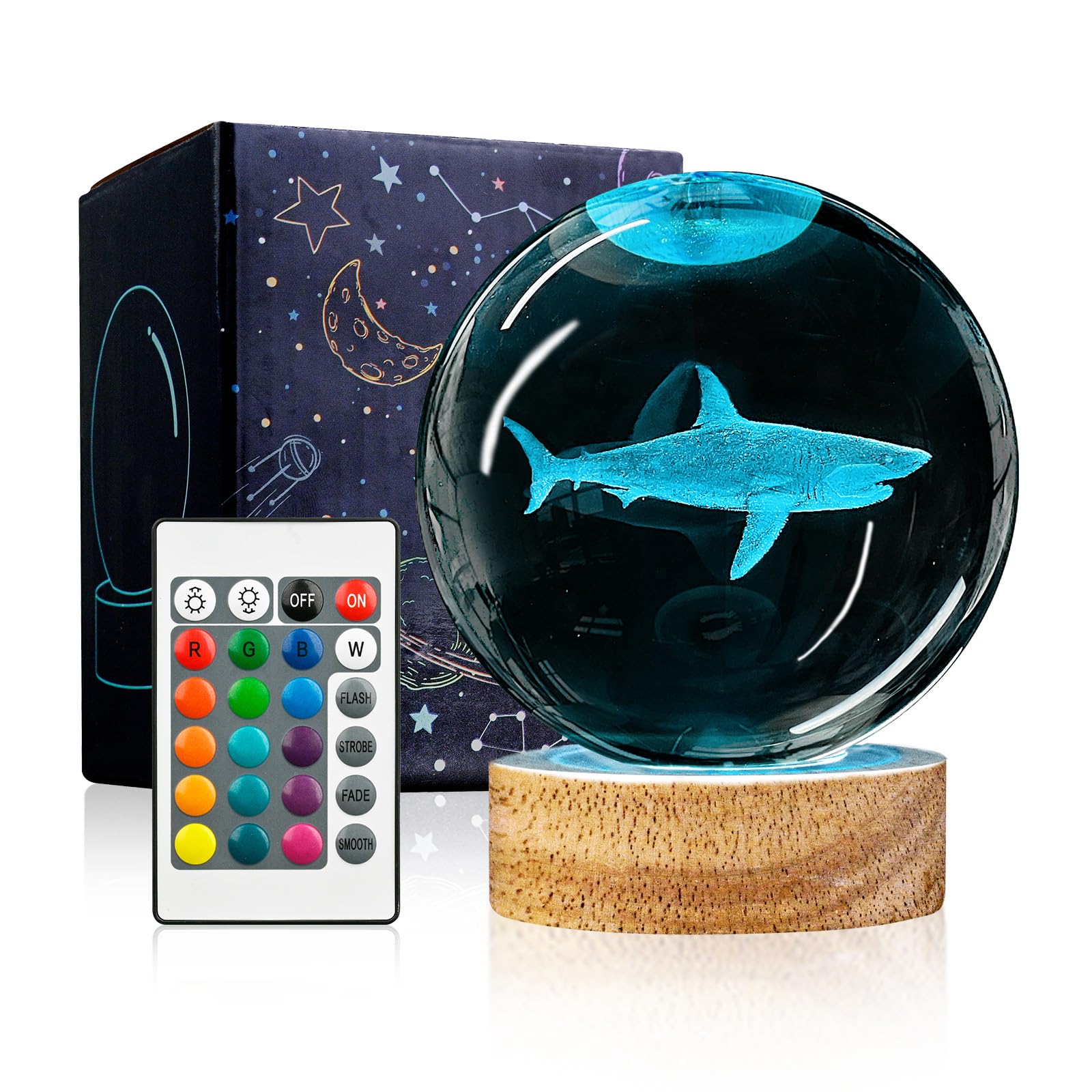 3D Crystal Ball Night Light with Wooden Base, 3.15" Shark Glass Ball Lamp, 16 Colors, Remote Control, Cool Desk Decor