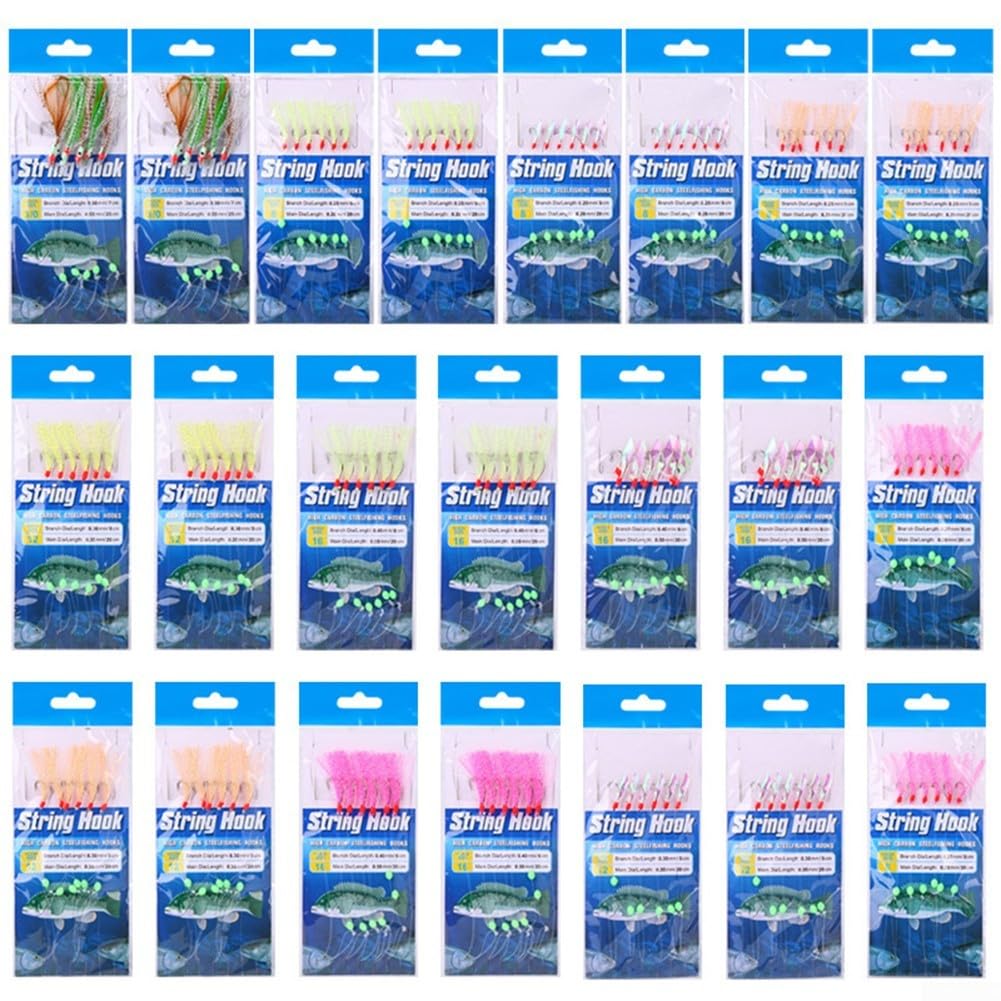 HavenlyCove Fish Skin Feather Hooks Fishing String Rigs, Realistic Swaying Motion Bait for Mackerel Herring Smelt, Nylon Line and Steel Hook Tackle Kit