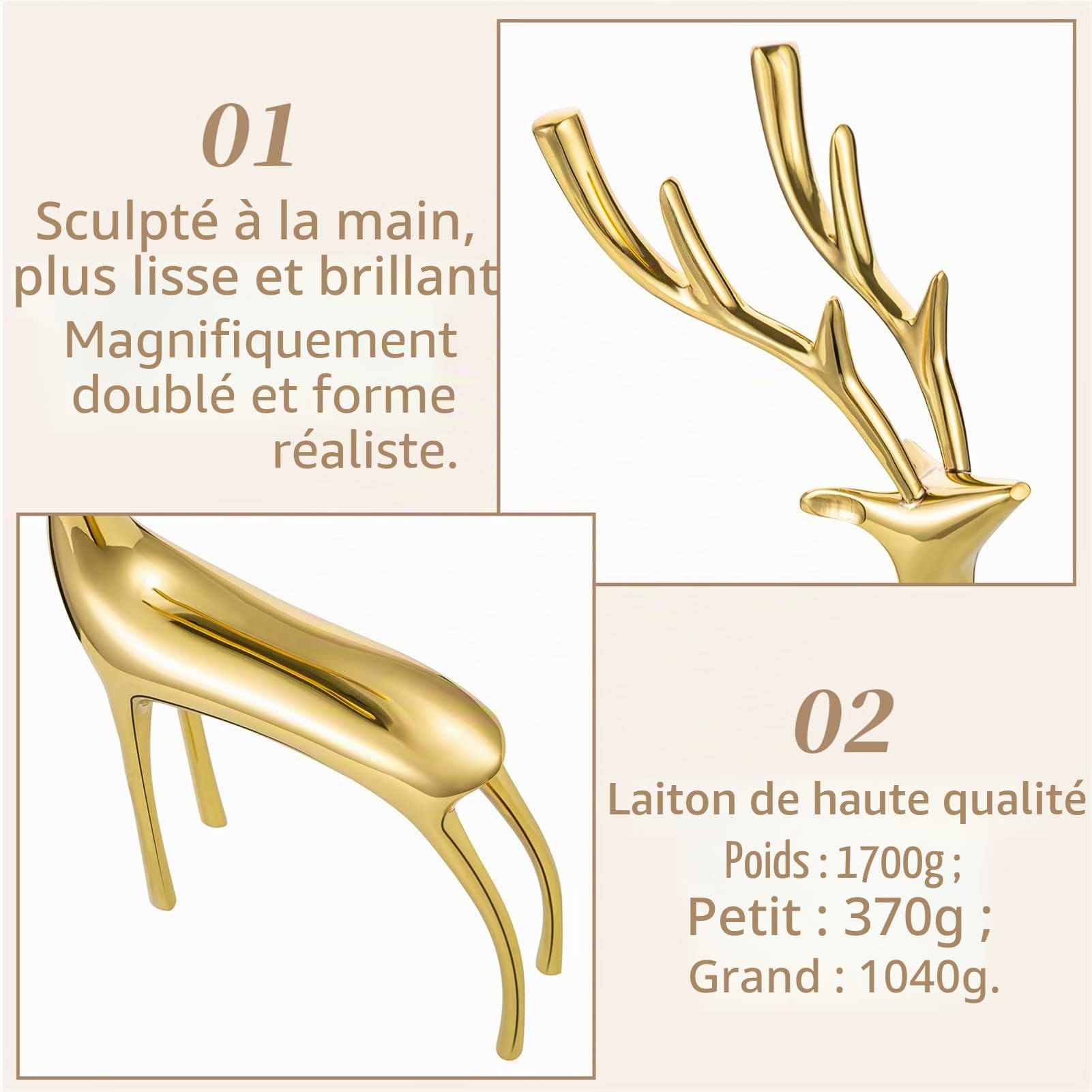 Sziqiqi Sculptures de Statuettes d'animaux de Renne, Ornements de Cerf en Métal pour la Décoration Intérieure Accents Salon Chambre Bureau Librairie de Table Manteau de Noël Décoration, Or