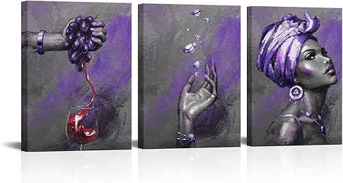 Welmeco Lienzo de mujer afroamericana, arte para la pared, elegante, manos de mujer negra con pintura de diamantes y vino, impresiones artísticas