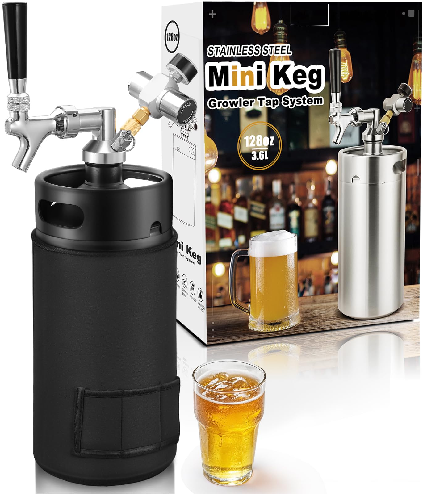 Mini sistema de grifo de barril de cerveza, barril de cerveza a presión de 128 onzas, jarra de barril de acero inoxidable 304 para mantener fresco y carbonatado, sistema dispensador portátil de