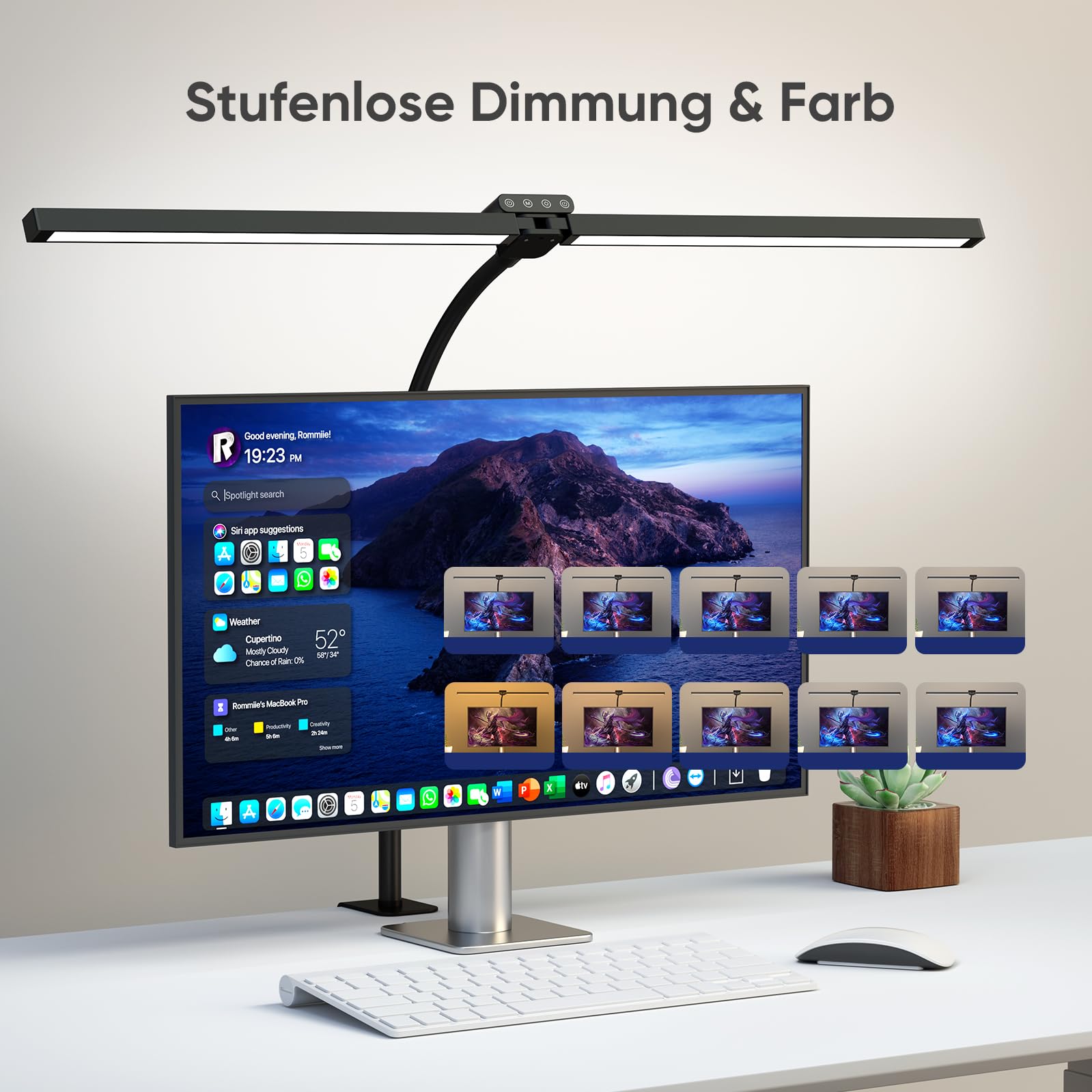 vatato Doppelkopf LED Schreibtischlampe mit RGB,24W Dimmbar Schreibtischleuchte mit Fernbedienungen, Klemmbar Tageslichtlampe mit Stufenlose Dimmung&Farb,Büro Tischlampe für Home&office (Schwarz)