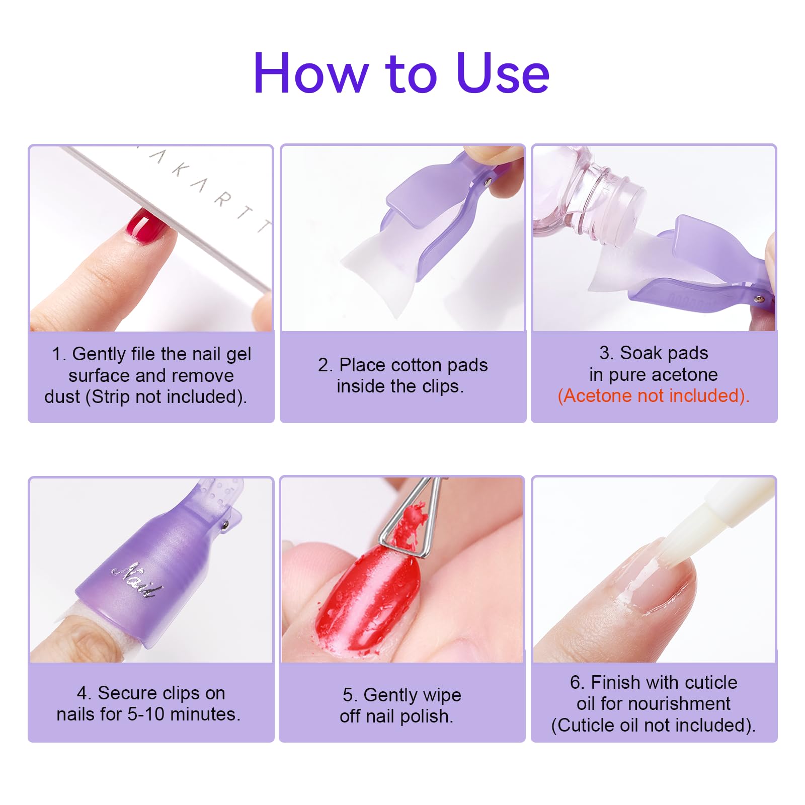 Clips de uñas para quitar el esmalte de gel, con empujador de cutículas de metal de doble extremo, 20 piezas de plástico reutilizable para dedos y dedos de los pies clips para remoción de 8