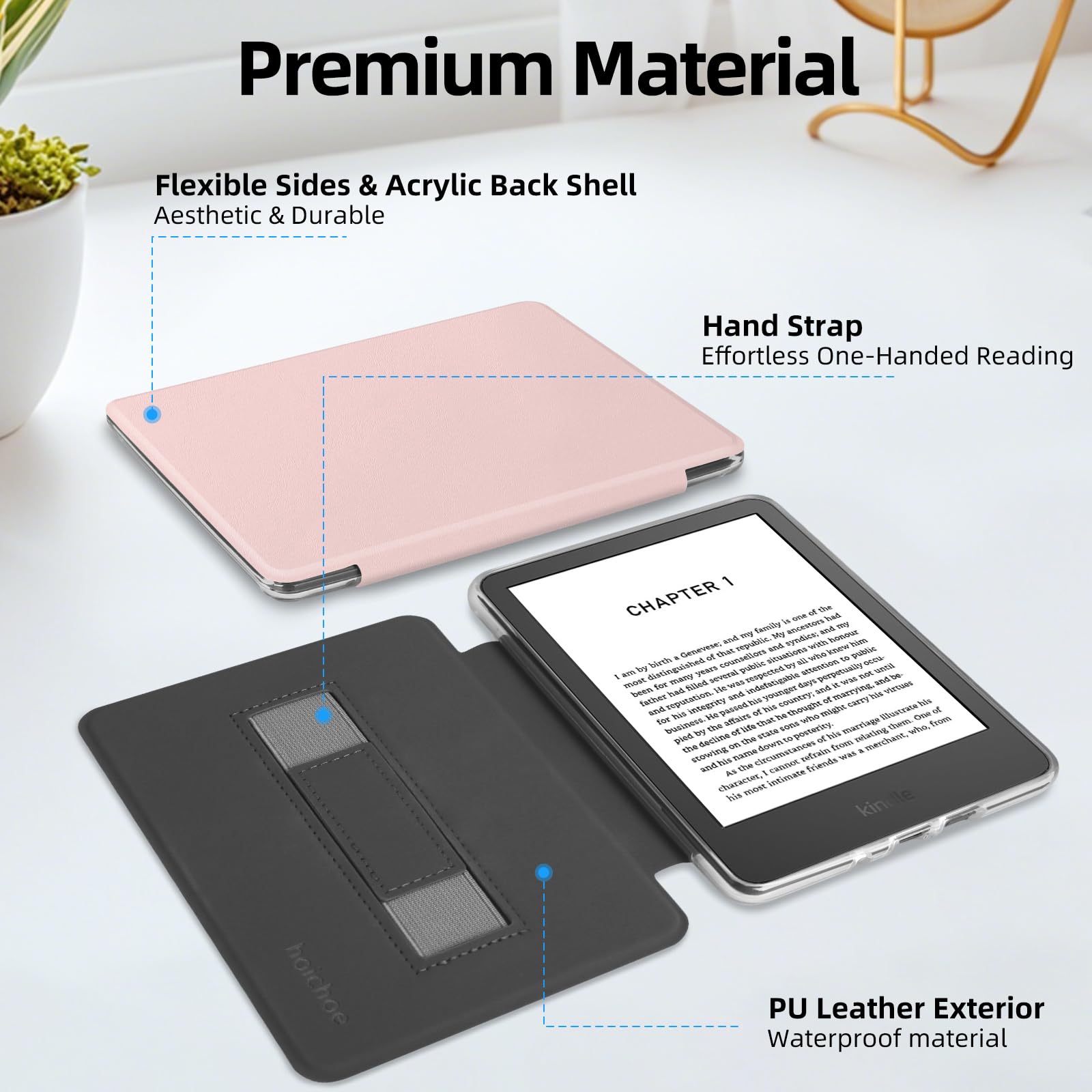 Custodia per Kindle da 6 pollici 2024/2022 release (11 generazione), custodia in pelle PU leggera e guscio posteriore rigido trasparente con cinturino da polso, spegnimento automatico/sveglia