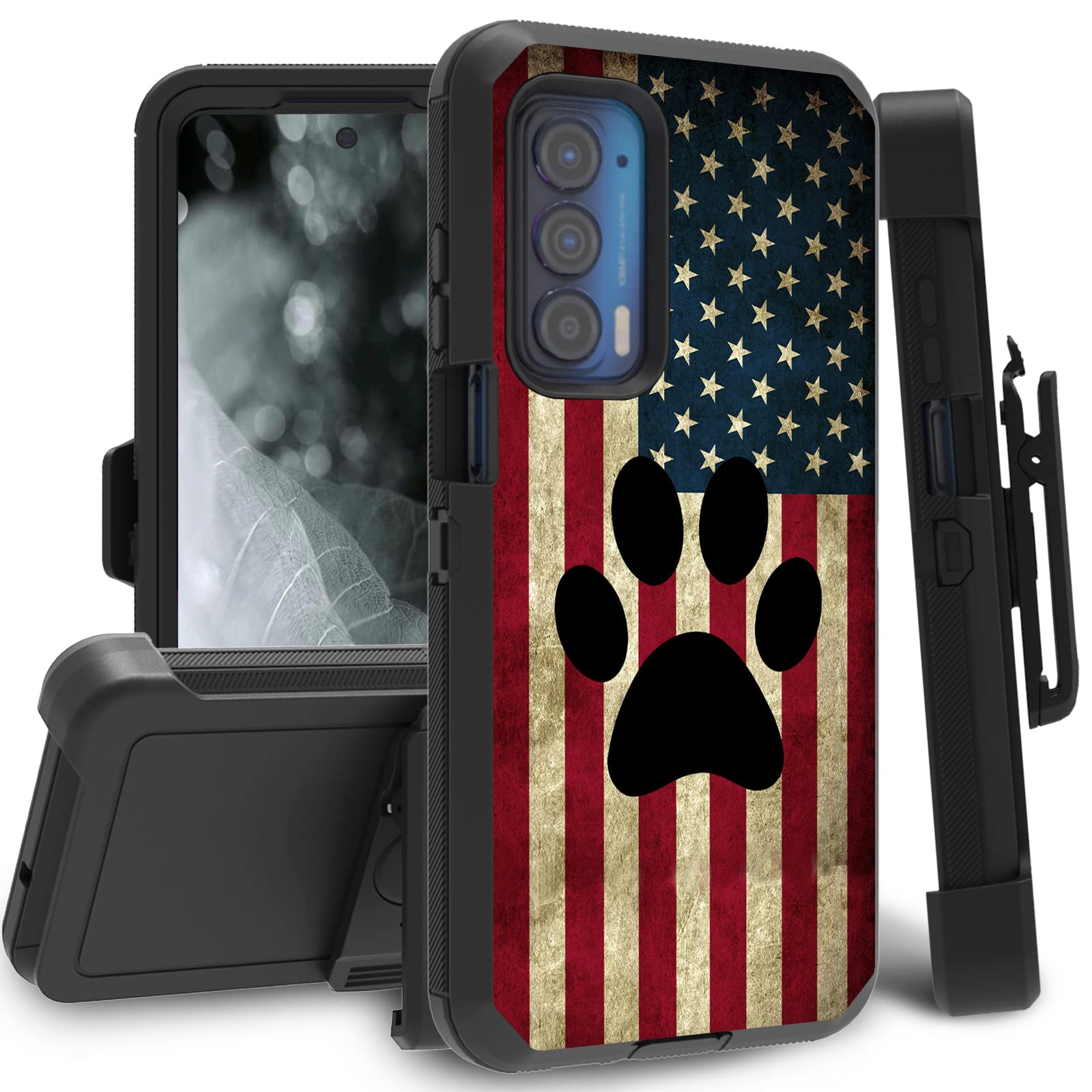 Case for Motorola Edge 2021 / Moto Edge 5G UW, Heavy Duty Drop Protection 3 Layers Hybrid Shockproof Rugged Cover Cases with Belt Clip Holster for Moto Edge 2021, Dog Paw American Flag