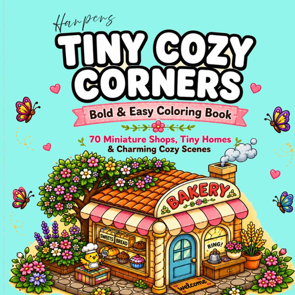 Tiny Cozy Corners: Bold & Easy Coloring Book with 70 Adorable Miniature Shops, Cozy Corners, and Charming Outdoor Scenes
