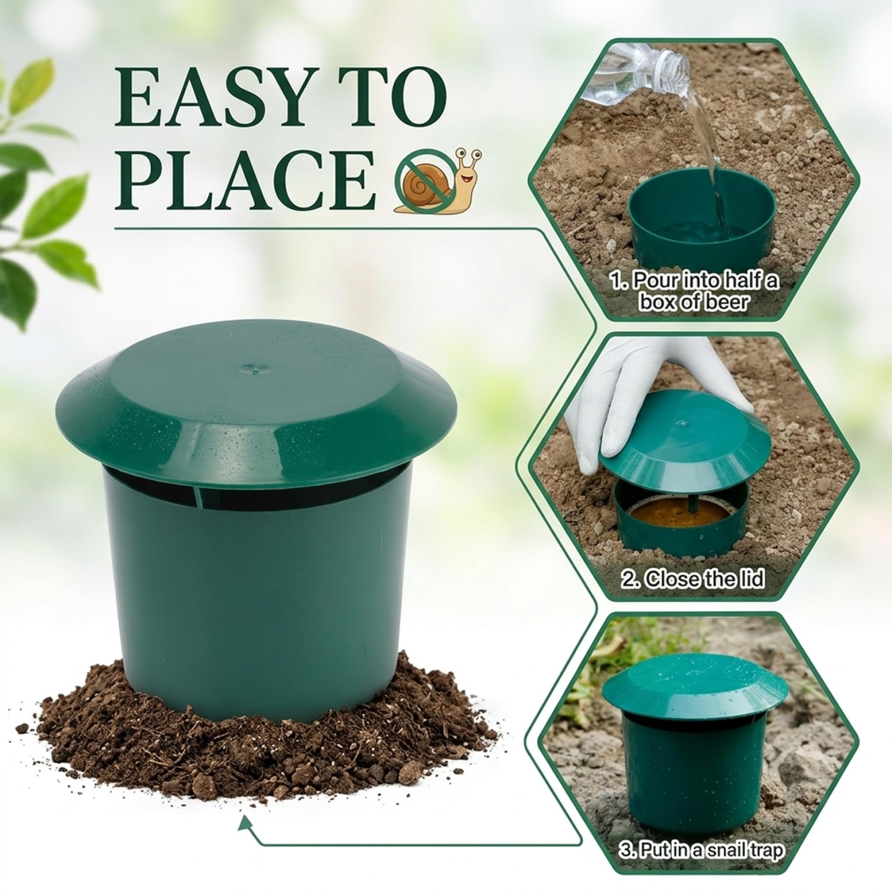 Paquete de 12 trampas para Caracoles, Cebo para Caracoles para jardín con Tapa, Receptor de plástico PP para jardín al Aire Libre, césped y protección de Plantas