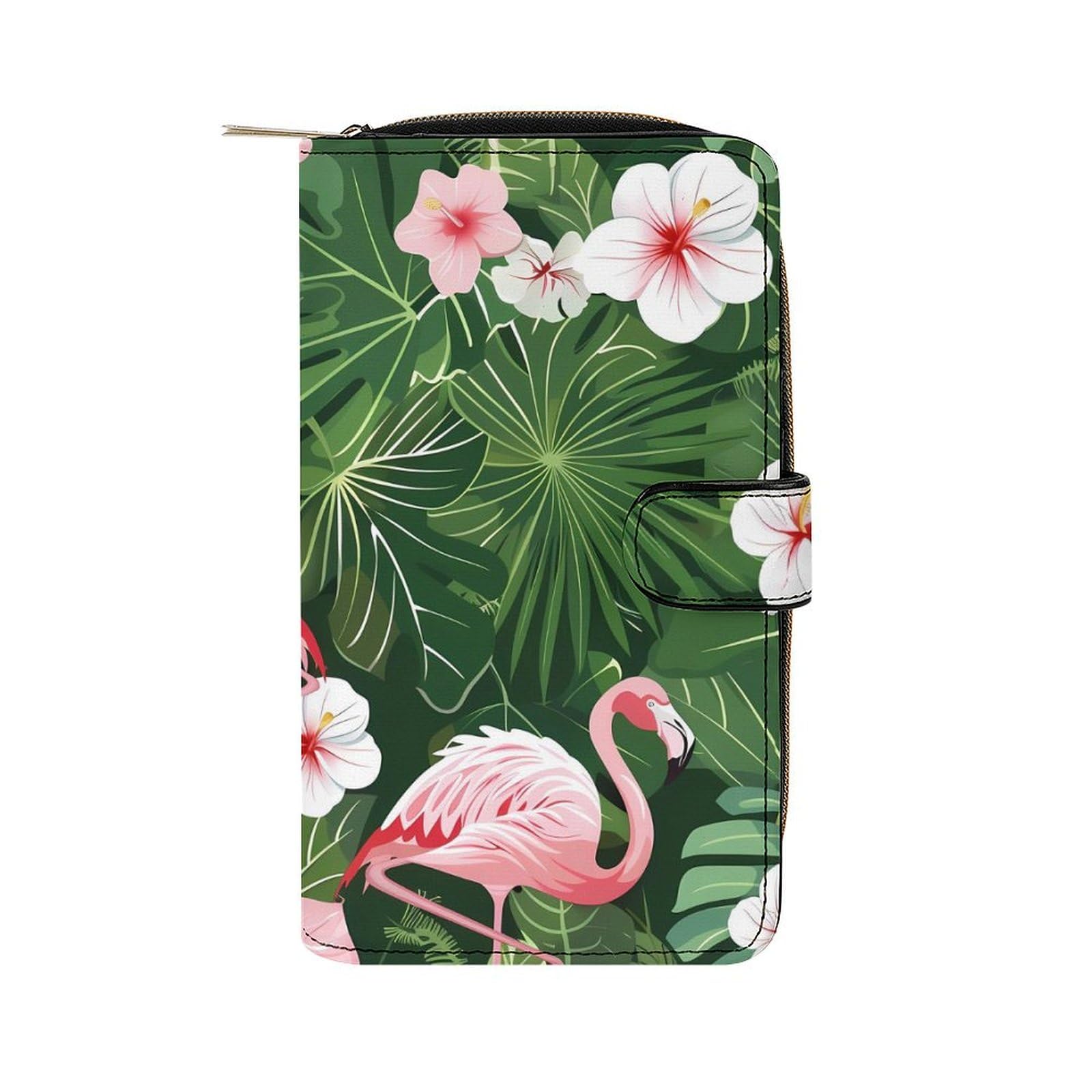 Flamingo Hibiscus Flowers Palm Leaves Leather Long Pouch Wallet for Men And Women Large Capacity Clutch Cash Wallet with Zippered