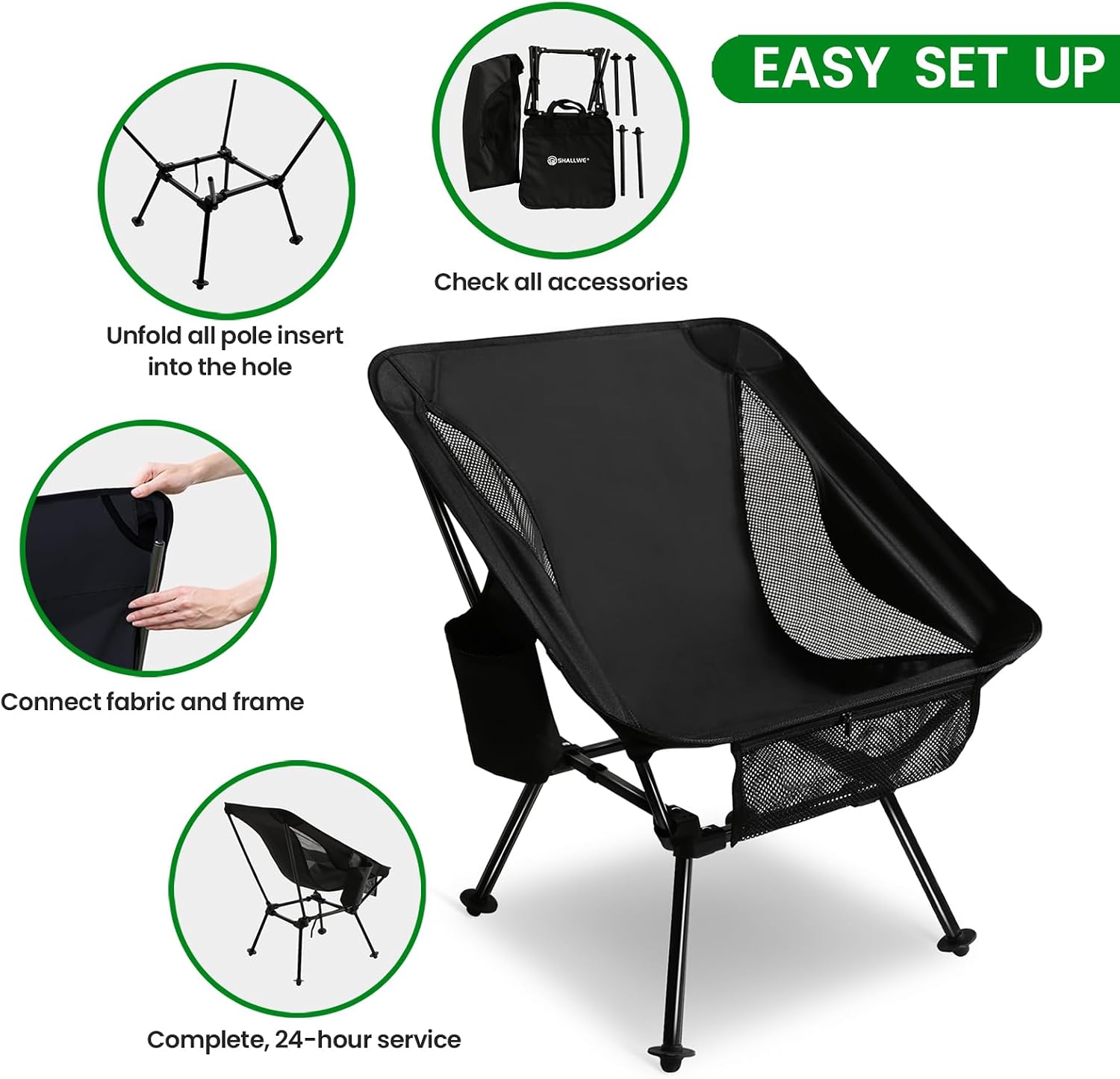 SHALLWE Portable Camping Chairs 55cm Wide, Lightweight Backpacking Chair 2 Height Options, Aluminum Camp Chairs for Adults 330lbs for Backpacking, Hiking, Beach, Travel, Picnic
