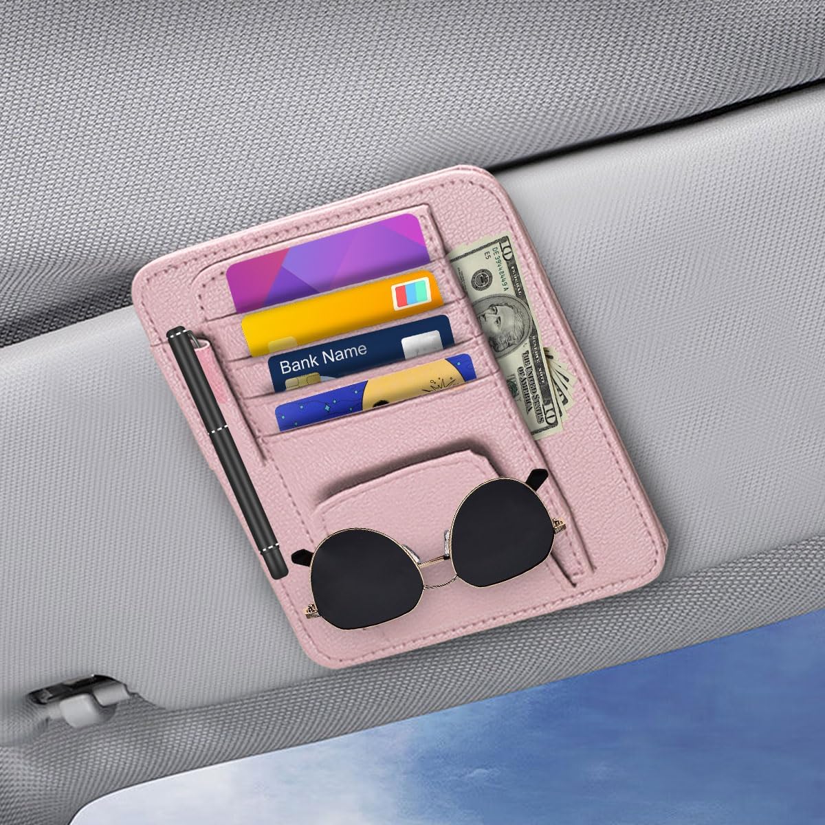 Small Leather Car Sun Visor Organizer - Multifunctional Car Interior Sunglass Holder Auto Visor Document Holder - Auto Card Sleeve Pocket Pouch Organizer for Driving License Registration Pen (Pink)