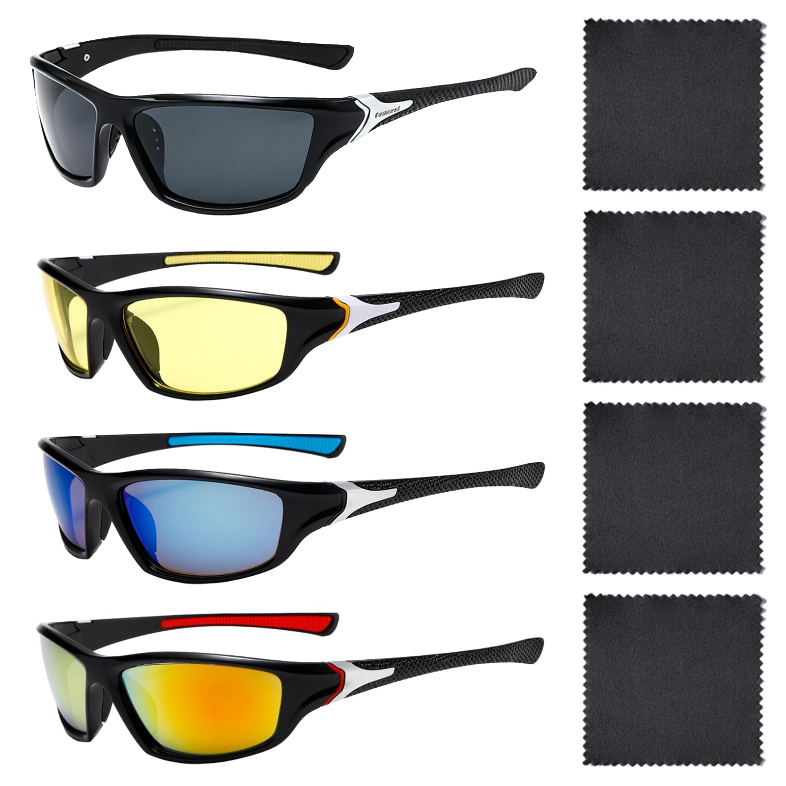 Carreuty 4Pack Sports Polarised Sunglasses for Men Women, UV400 Protection Wrap Around Night Glasses Set with Sunglasses Cloth, Mens Bike Goggles for Cycling Running Driving Fishing Golf
