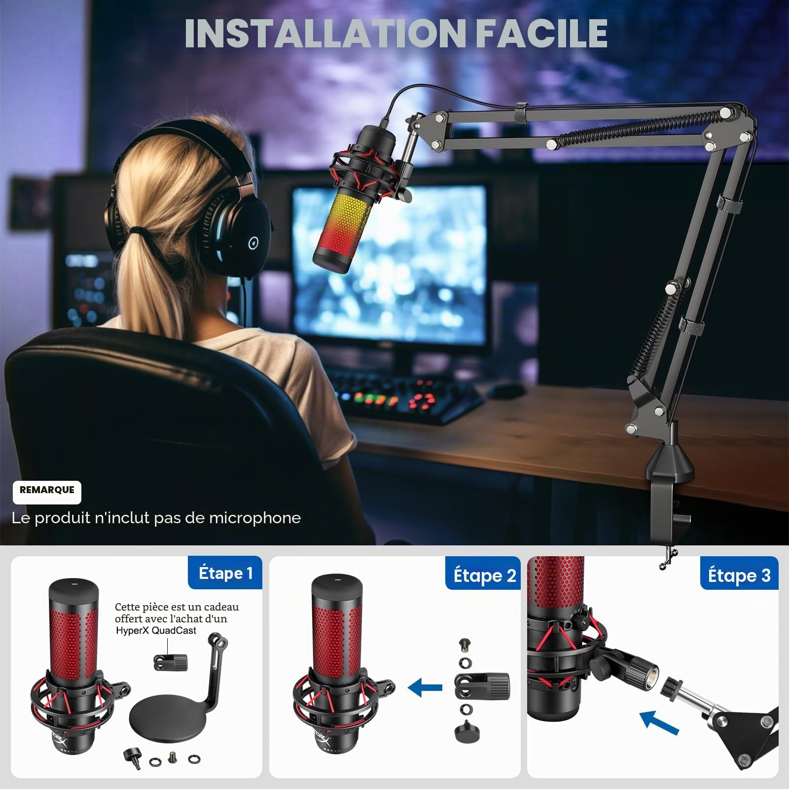 Bras Micro,Aokeo AK-35 Pied Micro réglable Support de Microphone pour HyperX QuadCast,SoloCast,Blue Yeti,Blue Snowball,Elgato Wave,Etc