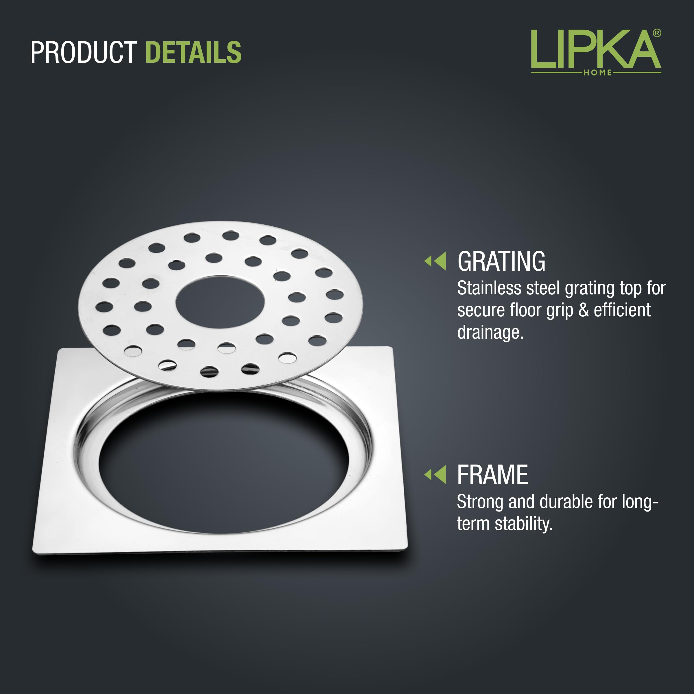 LIPKA 5 x 5 Inches Eon Square Flat Cut Plain Jali Floor Drain with Hole | Premium Stainless Steel | Floor Drain for Bathroom Silver 2