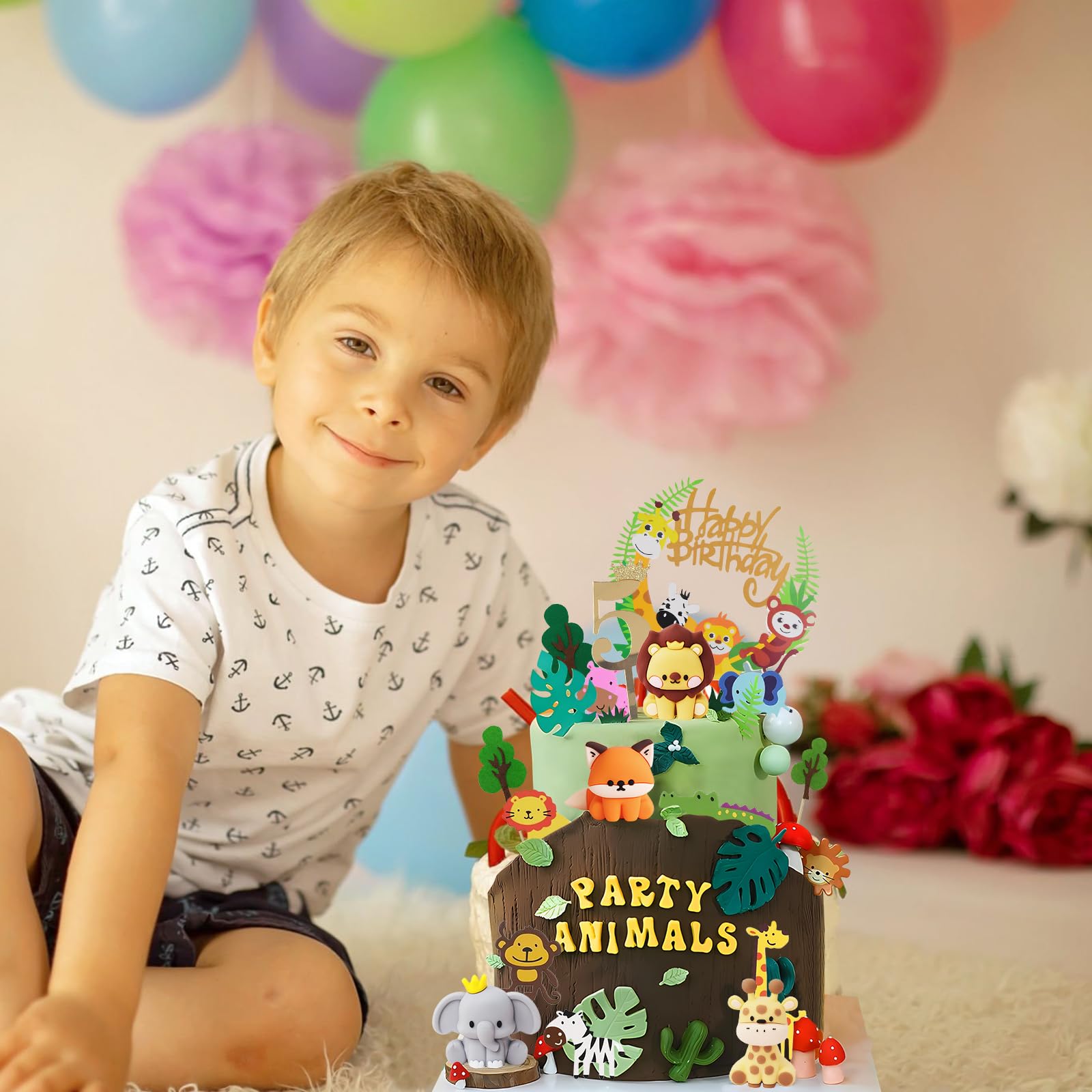 Decorazione Torta Animali Giungla 1° Compleanno - Topper Con Leone, Elefante, Giraffa, Volpe, Resina Colorata - Foto 6