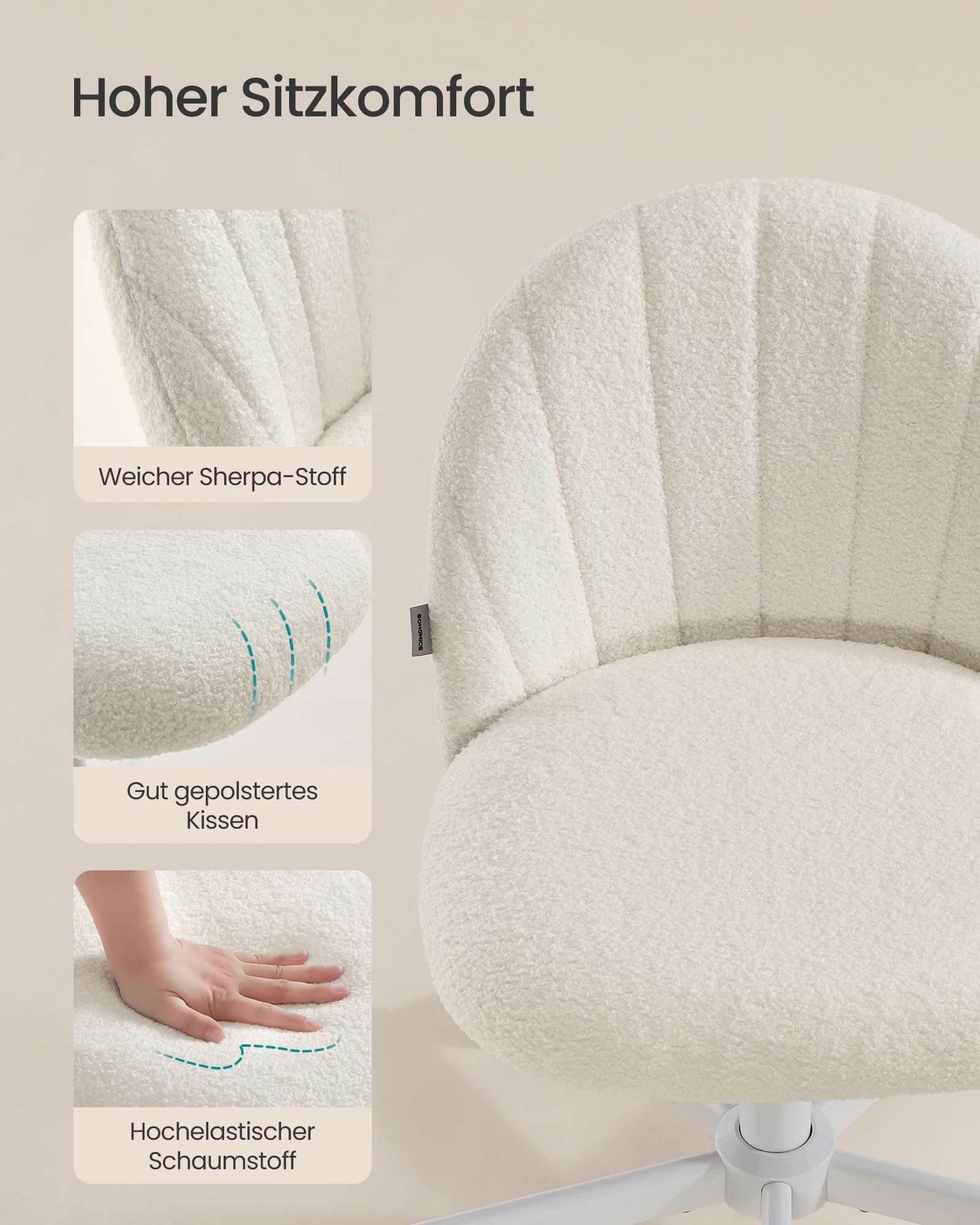 SONGMICS Homeoffice-Stuhl, Schminkstuhl aus Fleece, Schreibtischstuhl, Schaumstoffpolsterung, höhenverstellbar, für Arbeitszimmer, Schlafzimmer, Ankleidezimmer, cremeweiß OBG027WD01