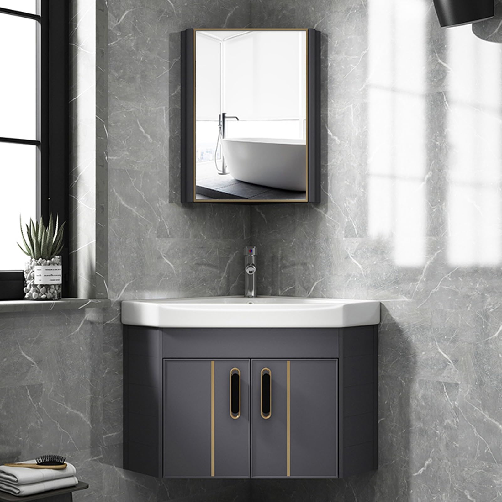 GLJTUO Corner Wall Mount Bathroom Vanity with Ceramic Sink Storage Container and Cabinet Space Saving Aluminum Material,Grey-48cm/18.9in